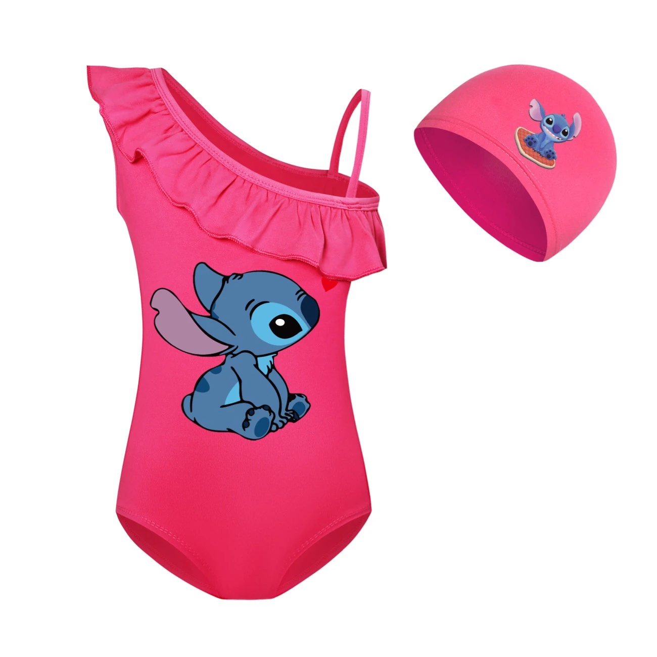 Girls’ One-Piece Swimsuit & Cap Set — 1309, Style 01 · Rose