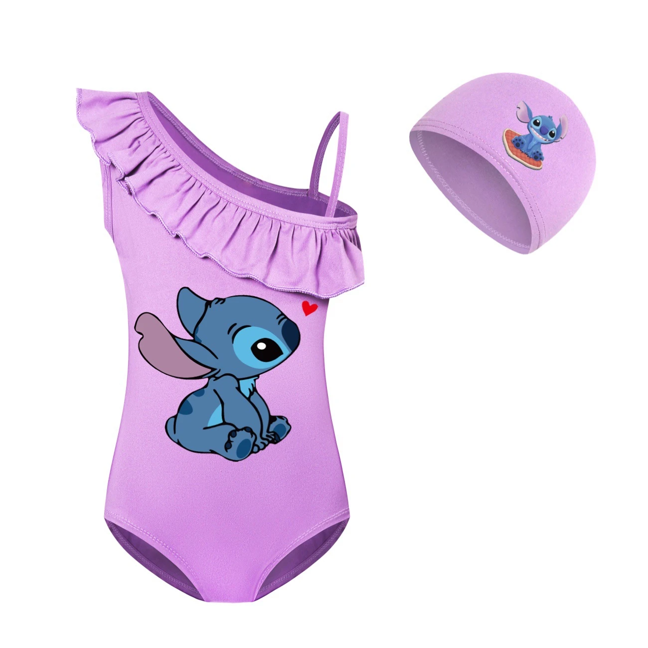 Girls’ One-Piece Swimsuit & Cap Set — 1309, Style 02 · Purple