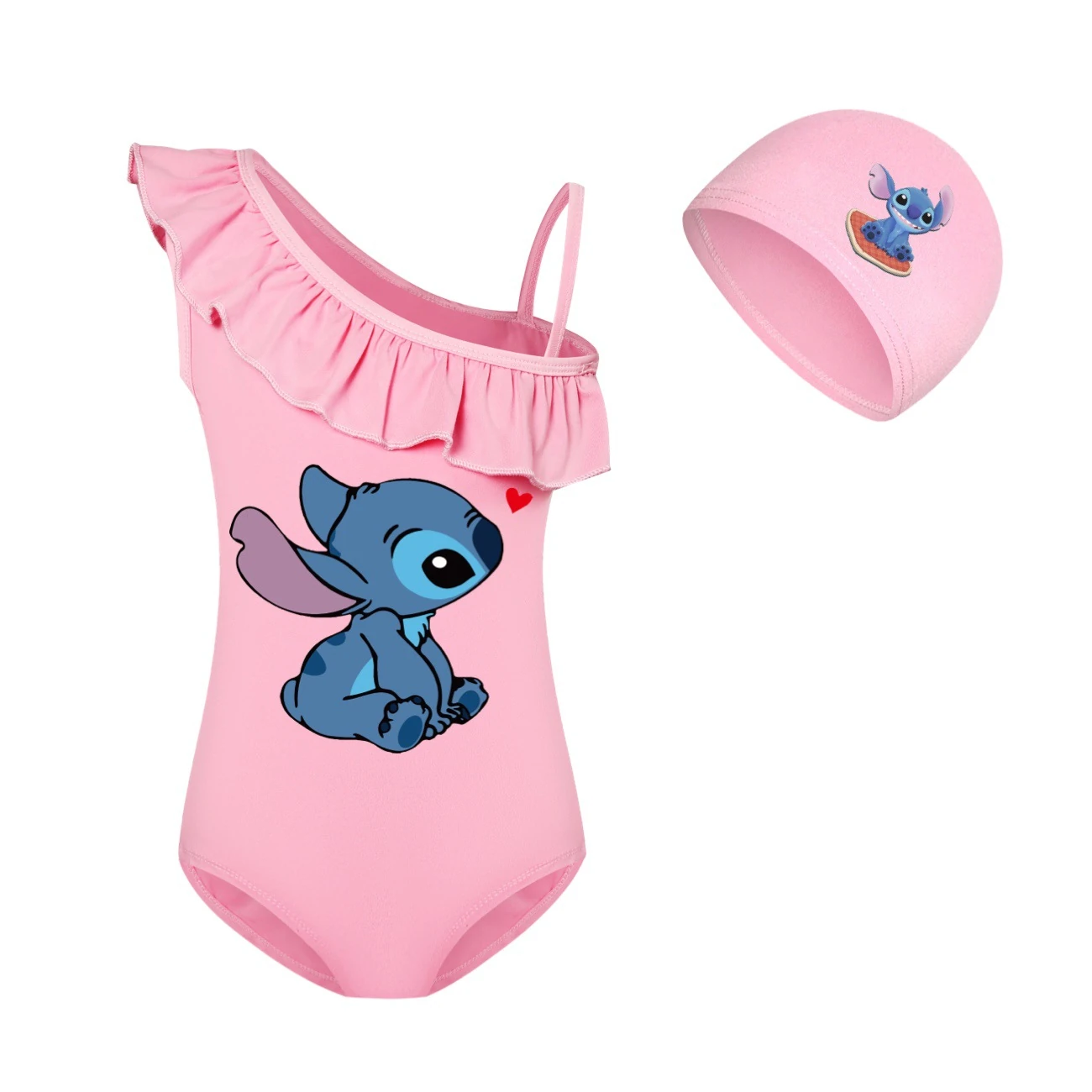 Girls’ One-Piece Swimsuit & Cap Set — 1309, Style 03 · Pink