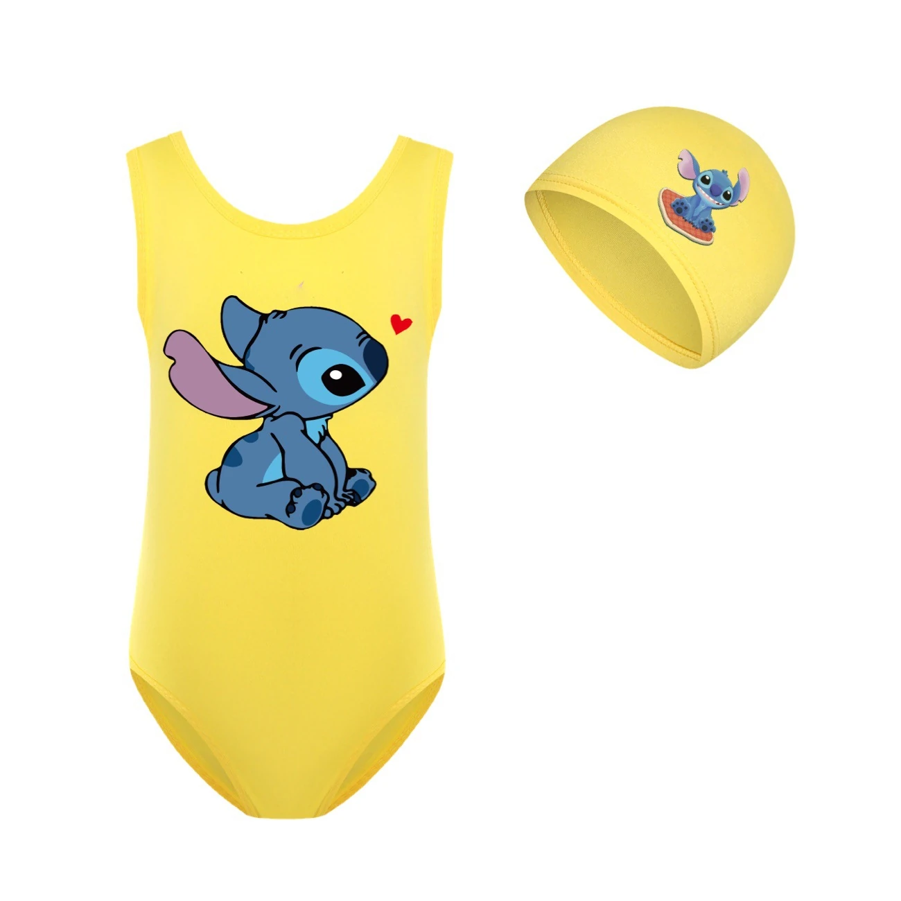 Girls’ One-Piece Swimsuit & Cap Set — 1309, Style 05 · Yellow
