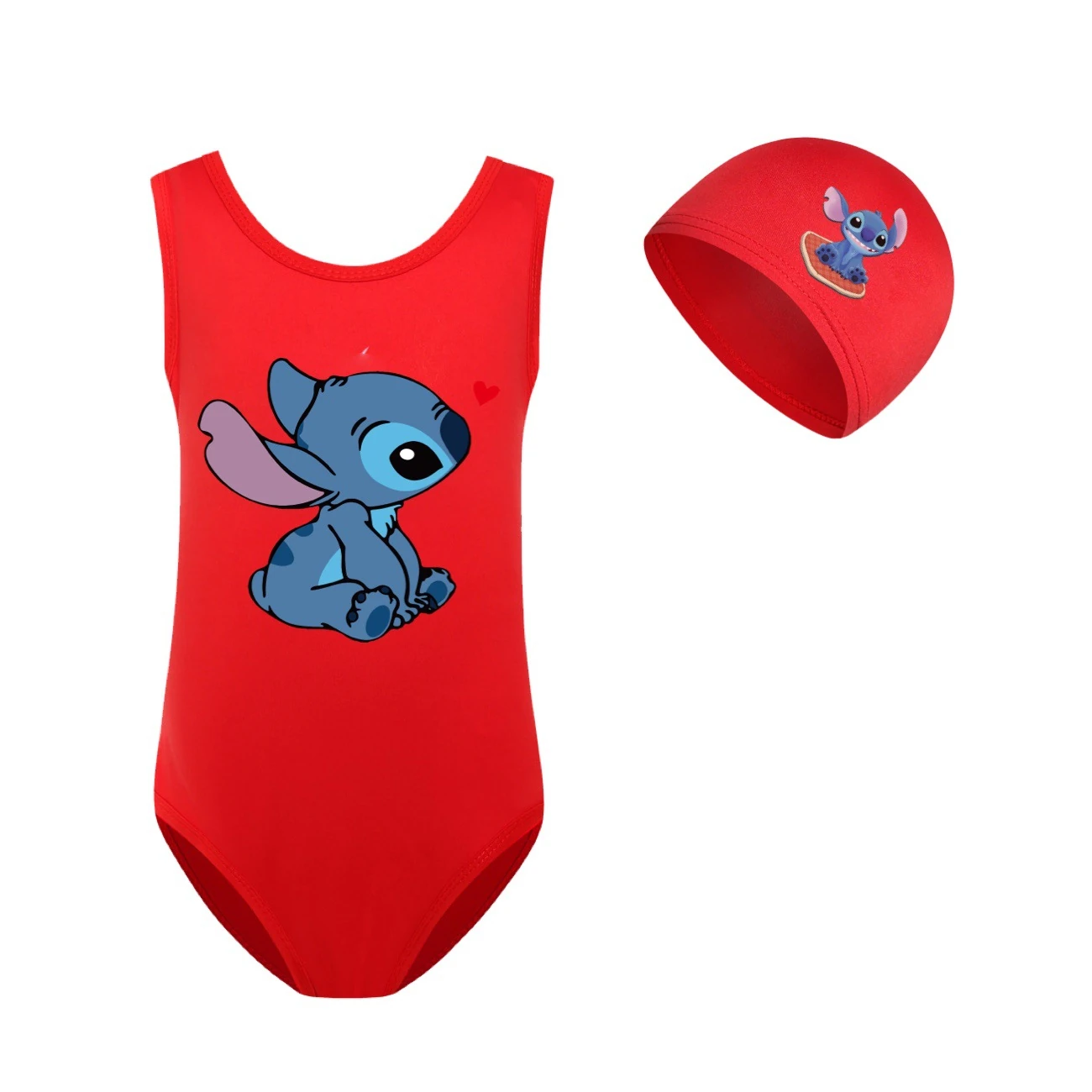 Girls’ One-Piece Swimsuit & Cap Set — 1309, Style 06 · Red