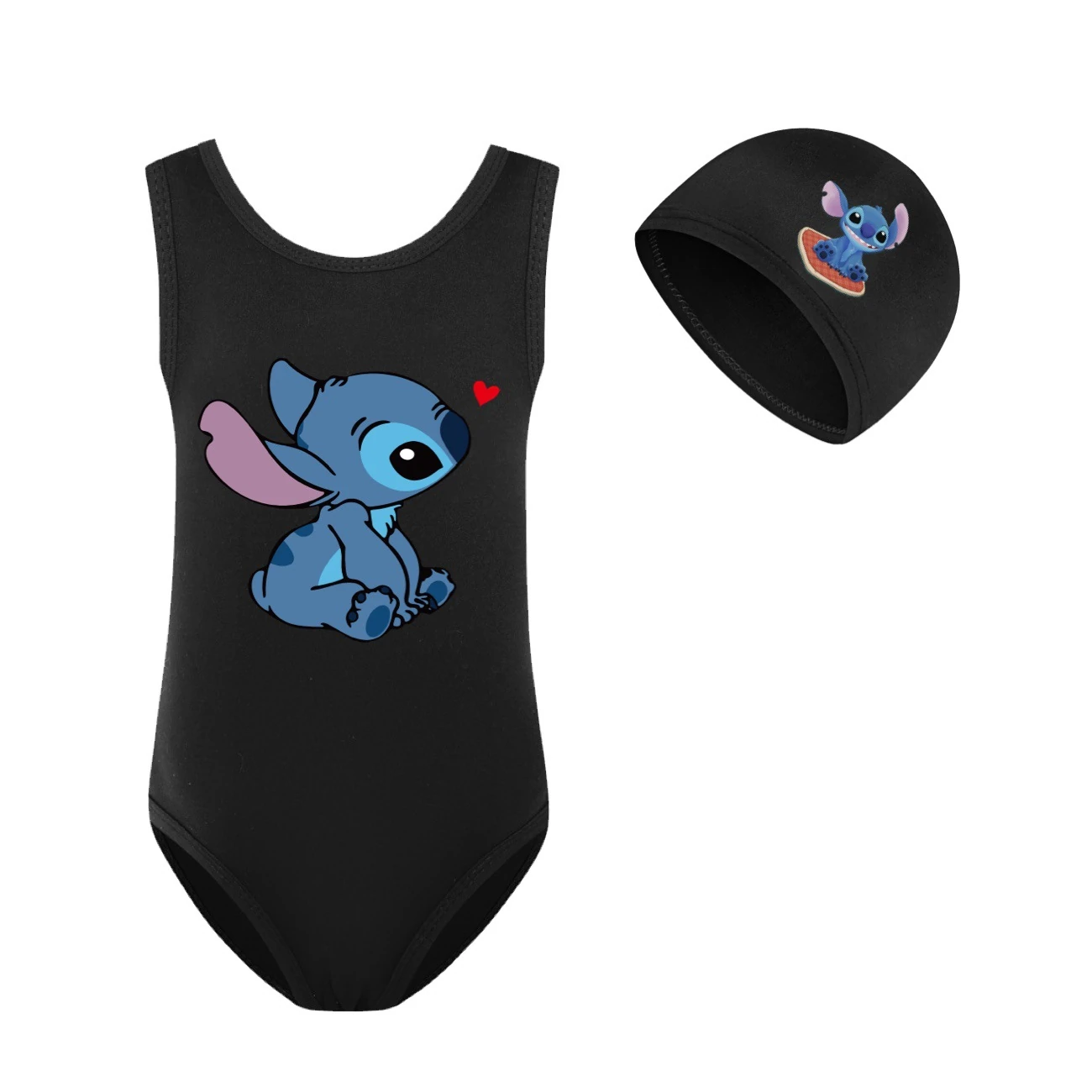 Girls’ One-Piece Swimsuit & Cap Set — 1309, Style 08 · Black
