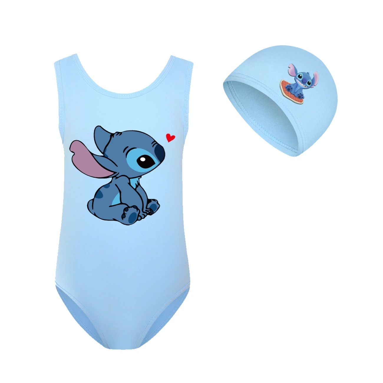 Girls’ One-Piece Swimsuit & Cap Set — 1309, Style 10 · Sky Blue