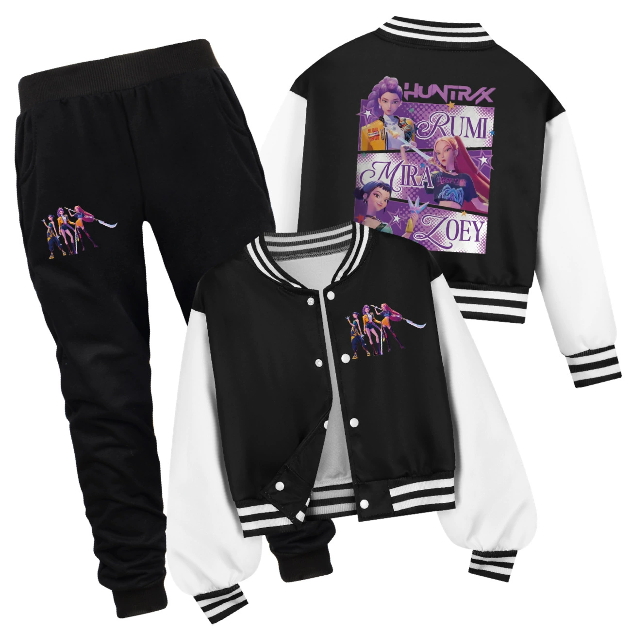 Cropped Graphic Varsity Jacket & Jogger Set, Style 08 · Cropped Varsity Jacket · Jogger Set · Black