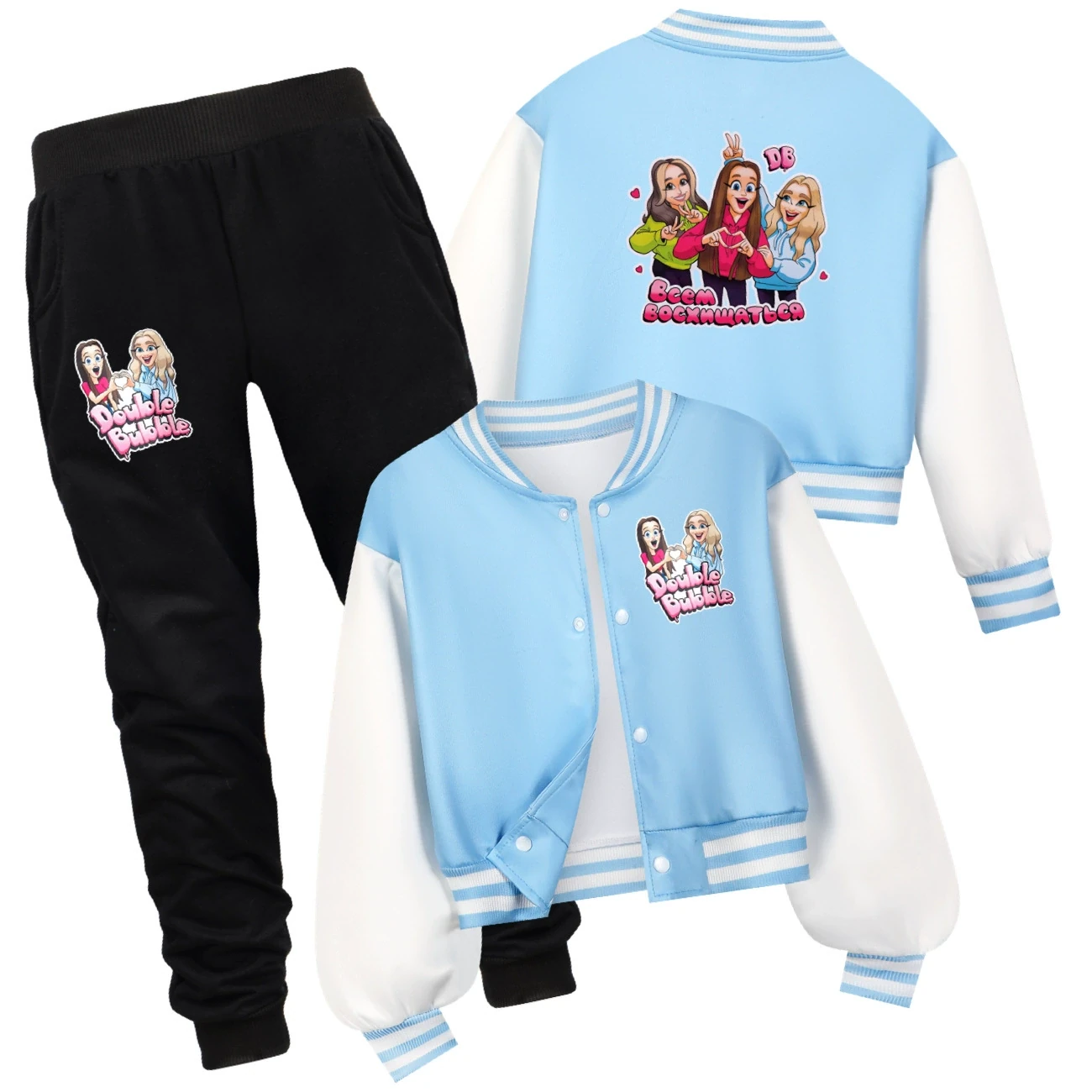 Cropped Graphic Varsity Jacket & Jogger Set — 5639 Edition, Style 09 · Set · Light Blue