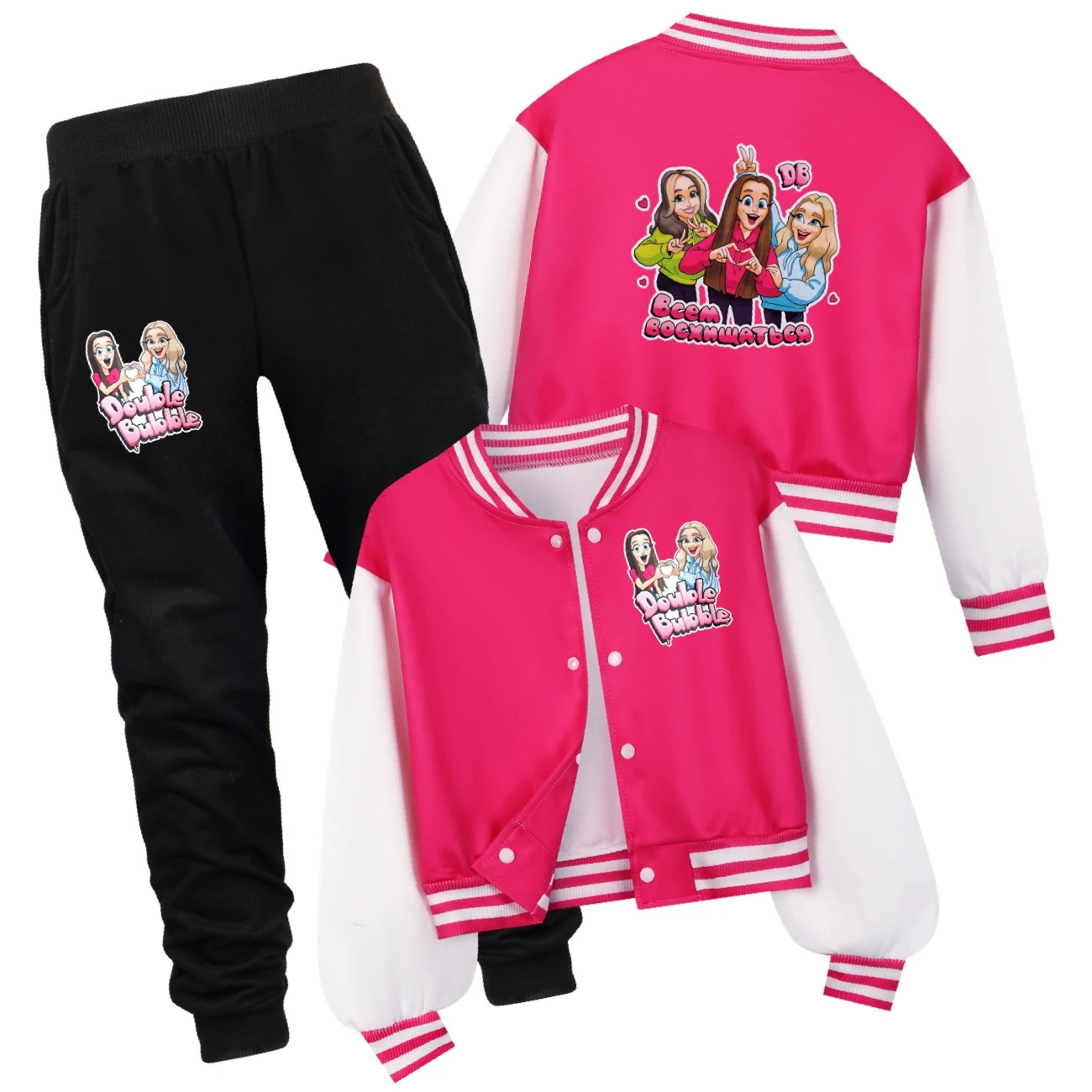 Cropped Graphic Varsity Jacket & Jogger Set — 5639 Edition, Style 11 · Set · Rose