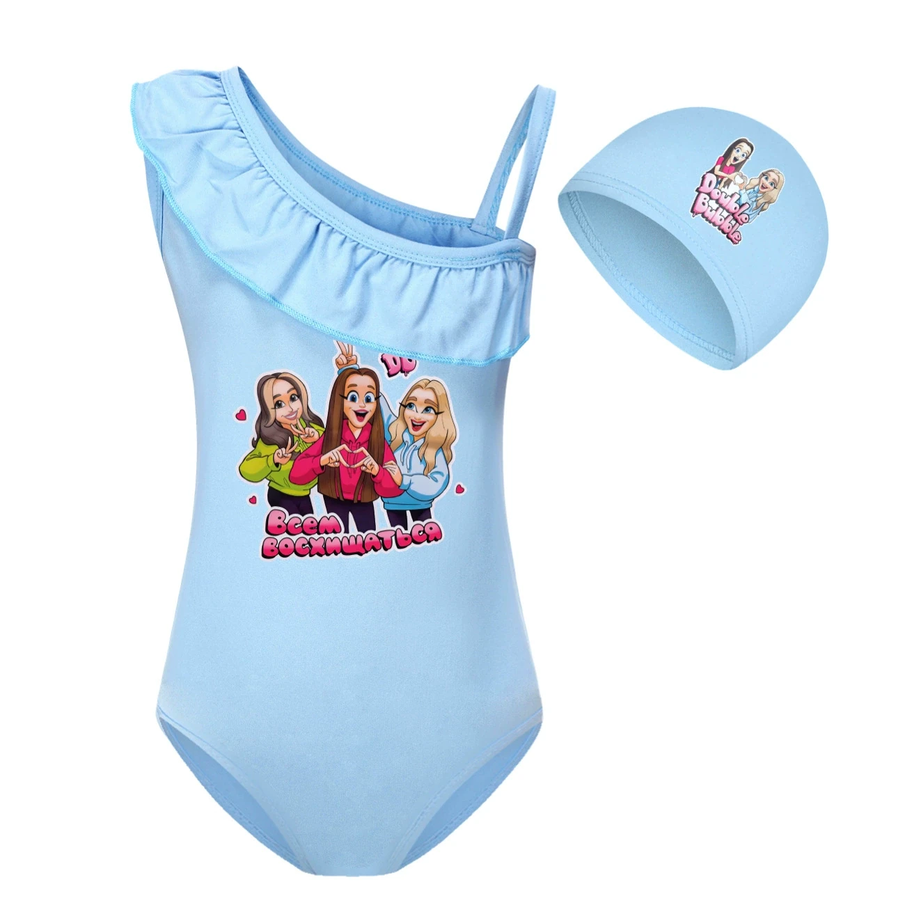 Girls’ Swimsuit & Cap Set — 5639 Edition, Style 05 · Set · Light Blue
