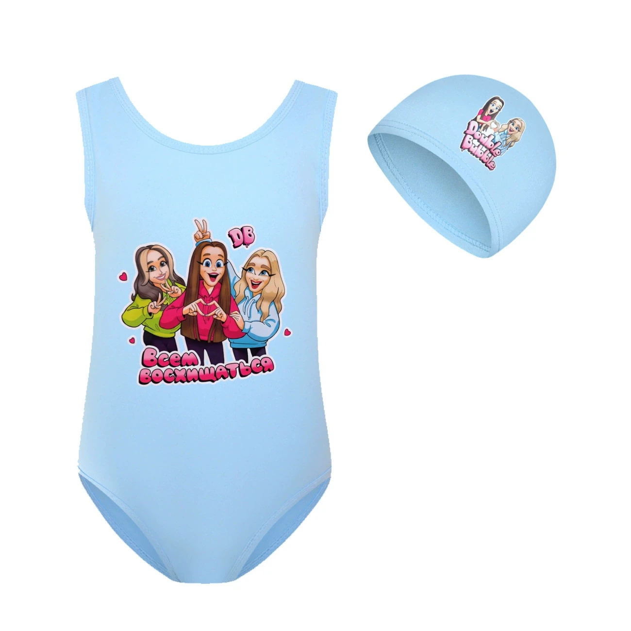 Girls’ Swimsuit & Cap Set — 5639 Edition, Style 15 · Set · Sky Blue