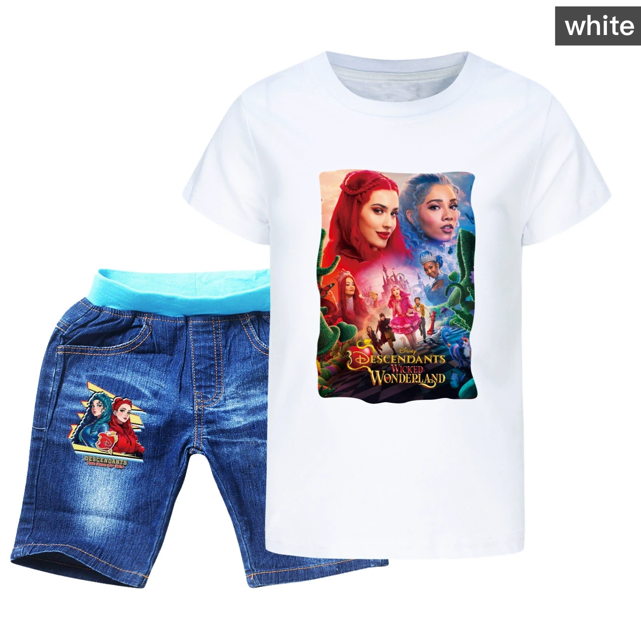 Graphic Tee & Denim Shorts Set — 5795 Edition, Style 02 · Denim · White