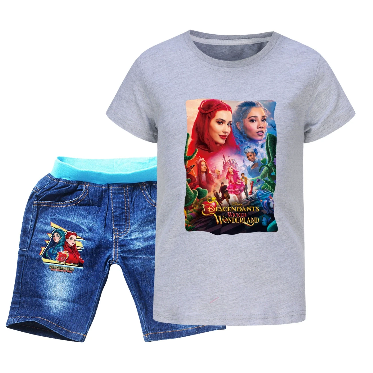 Graphic Tee & Denim Shorts Set — 5795 Edition, Style 03 · Denim · Grey