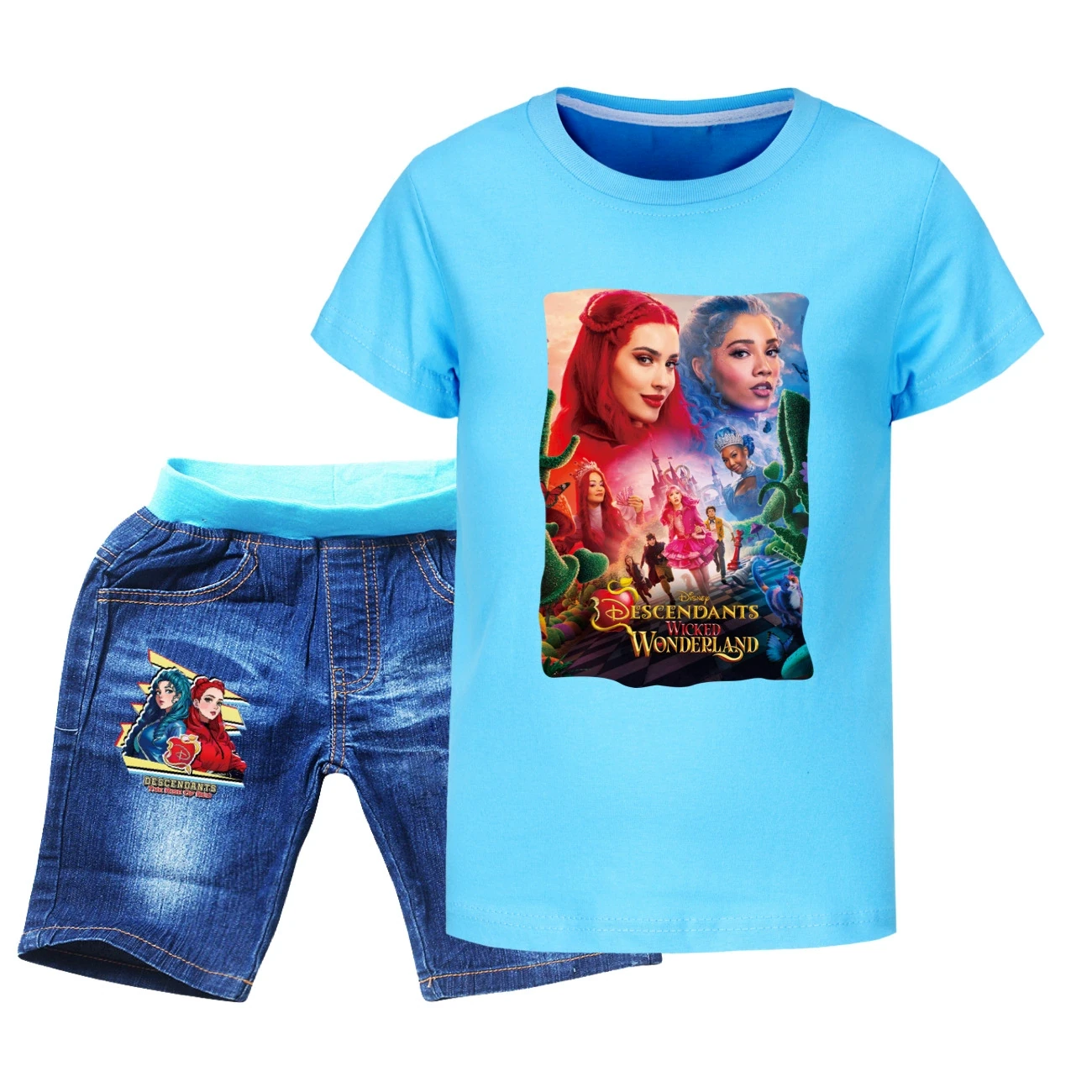 Graphic Tee & Denim Shorts Set — 5795 Edition, Style 04 · Denim · Light Blue