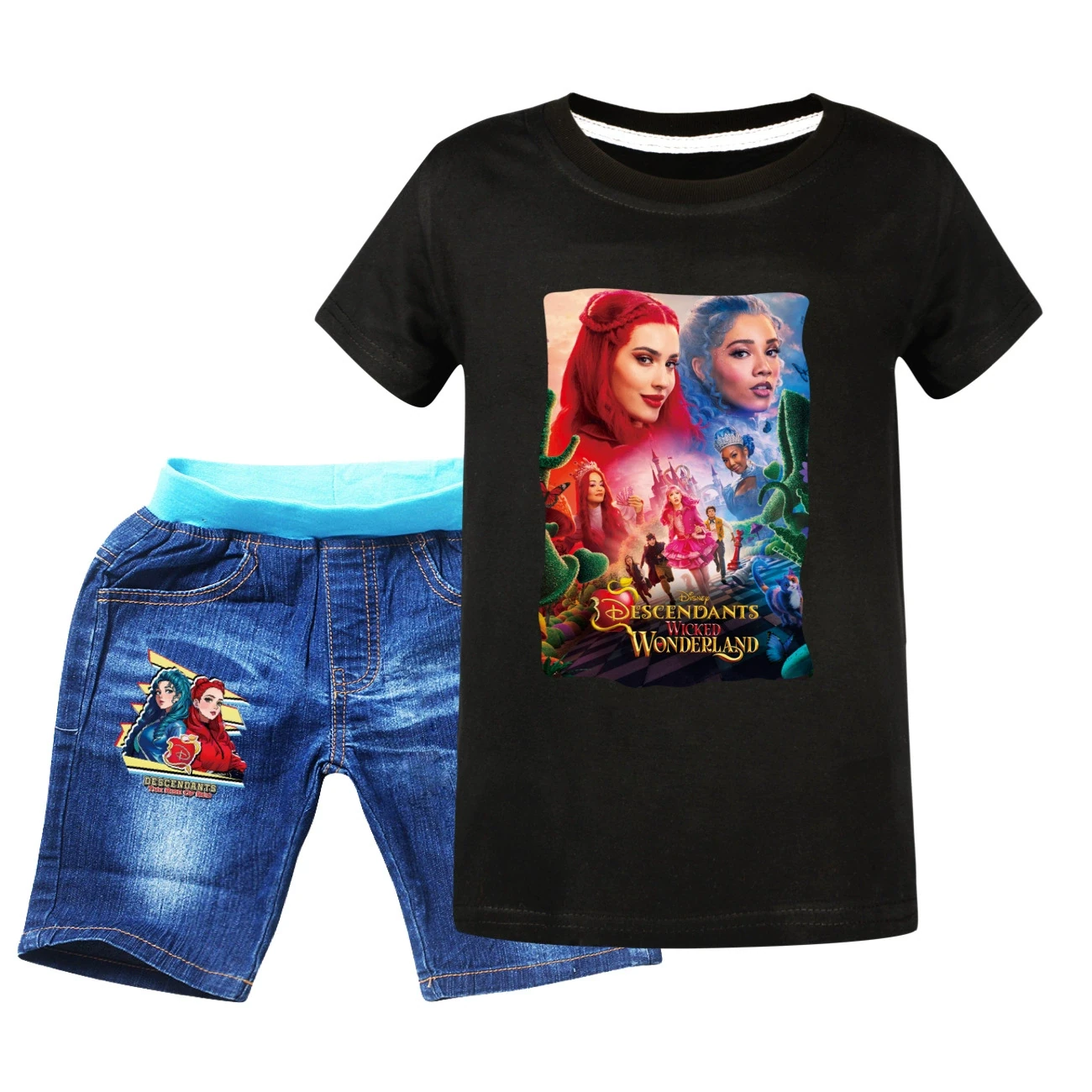 Graphic Tee & Denim Shorts Set — 5795 Edition, Style 06 · Denim · Black