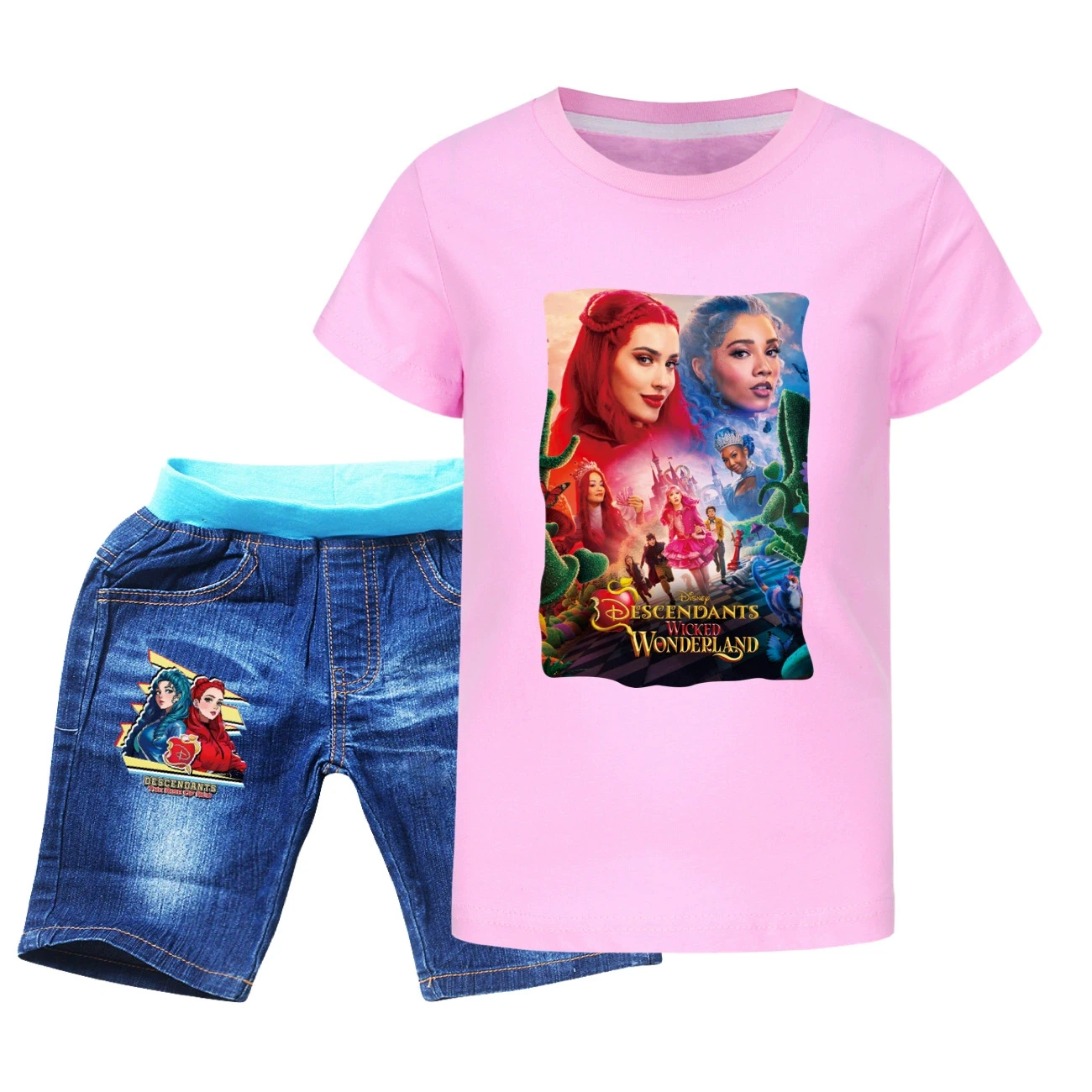 Graphic Tee & Denim Shorts Set — 5795 Edition, Style 07 · Denim · Pink
