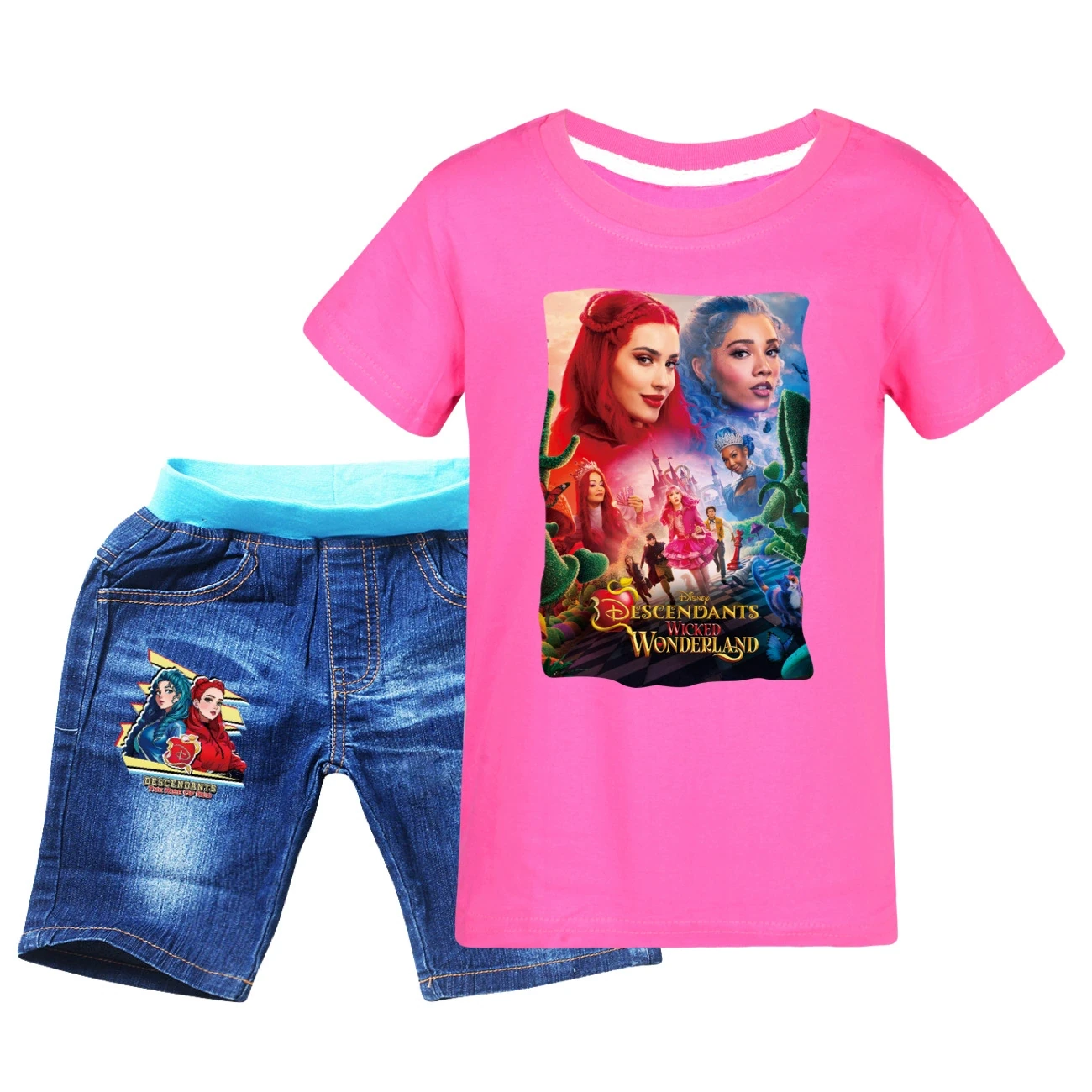 Graphic Tee & Denim Shorts Set — 5795 Edition, Style 08 · Denim · Rose