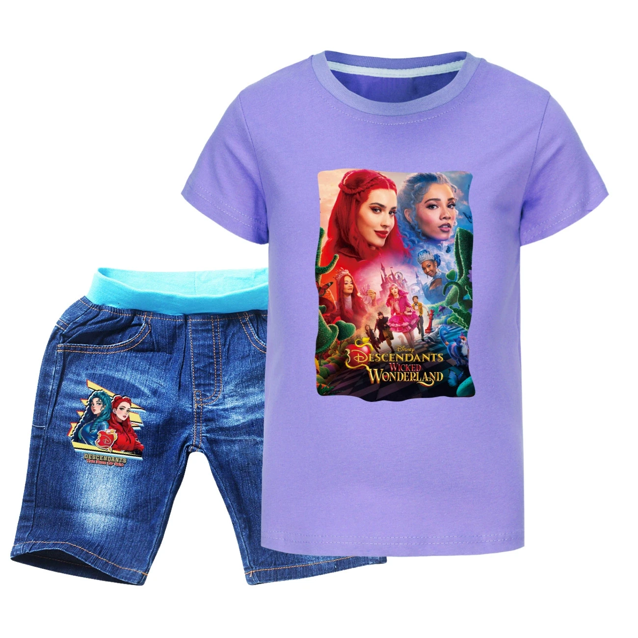 Graphic Tee & Denim Shorts Set — 5795 Edition, Style 09 · Denim · Purple