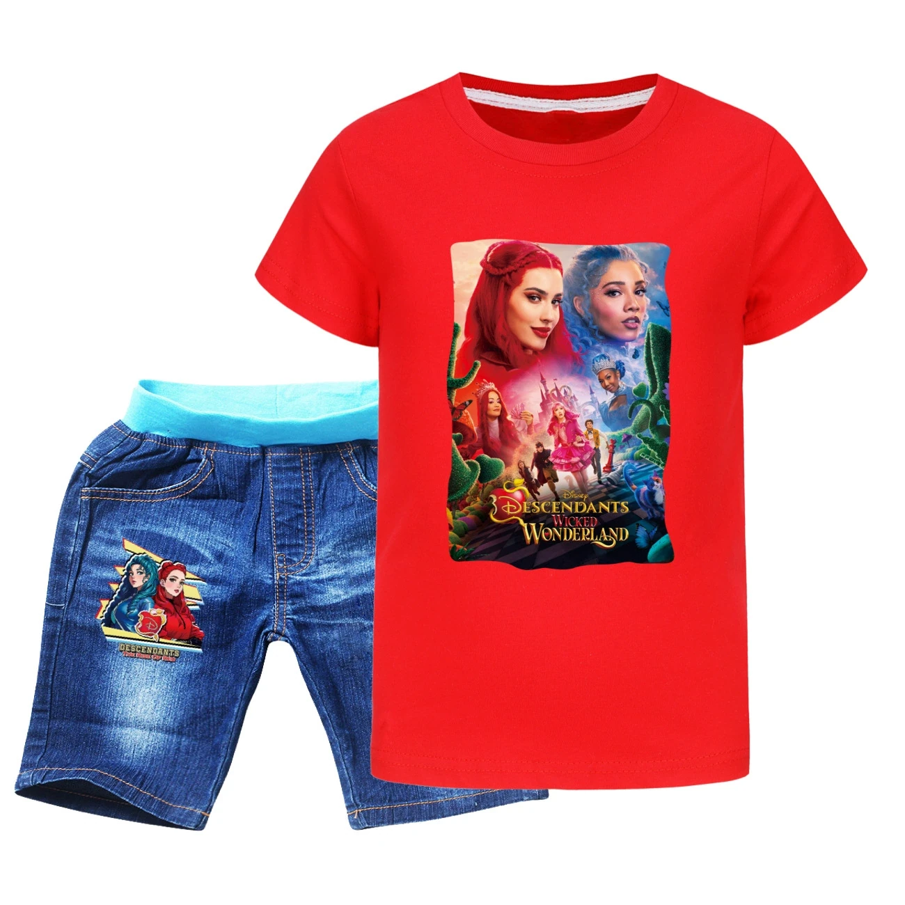 Graphic Tee & Denim Shorts Set — 5795 Edition, Style 10 · Denim · Red