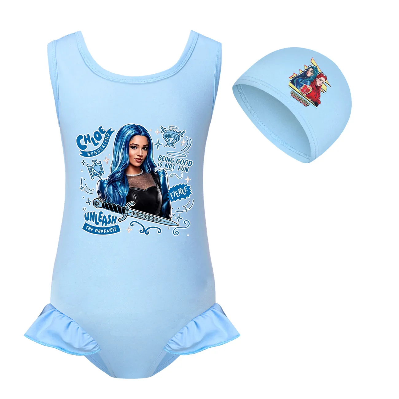Girls’ One-Piece Swimsuit & Cap Set, Style 01 · Set · Light Blue