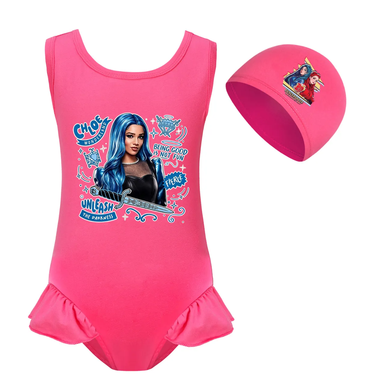 Girls’ One-Piece Swimsuit & Cap Set, Style 02 · Set · Rose