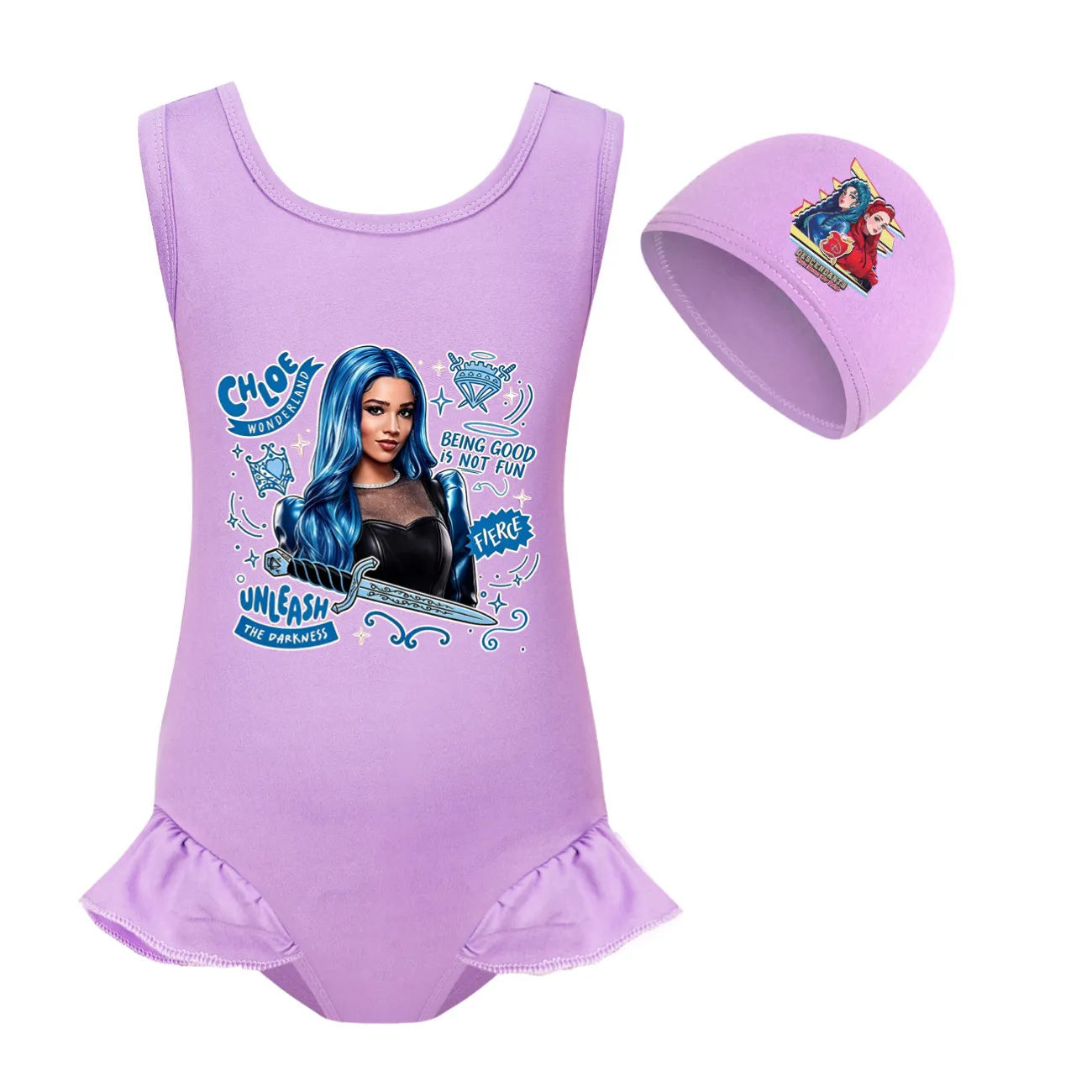 Girls’ One-Piece Swimsuit & Cap Set, Style 03 · Set · Purple