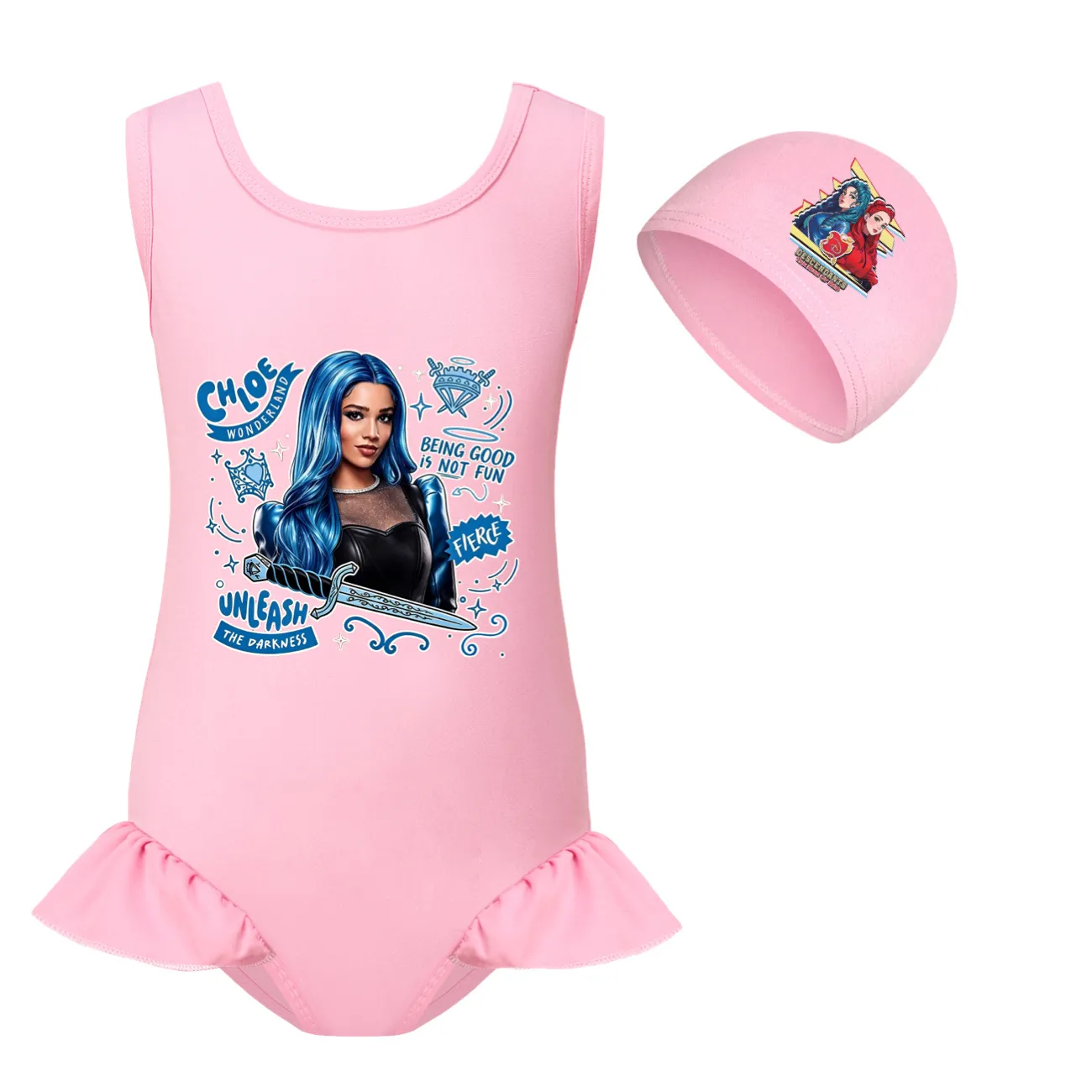 Girls’ One-Piece Swimsuit & Cap Set, Style 04 · Set · Pink