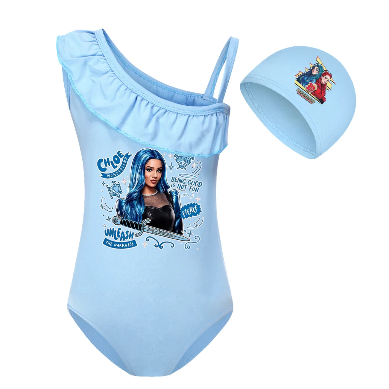 Girls’ One-Piece Swimsuit & Cap Set, Style 05 · Set · Light Blue