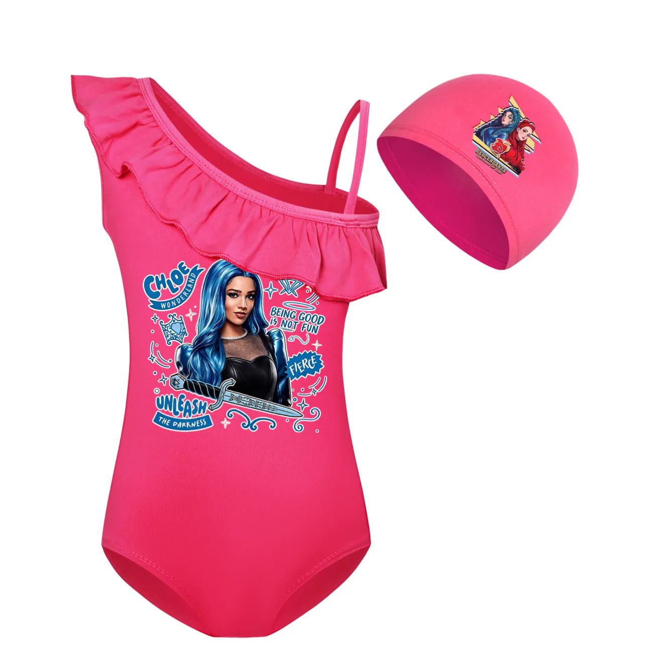 Girls’ One-Piece Swimsuit & Cap Set, Style 06 · Set · Rose
