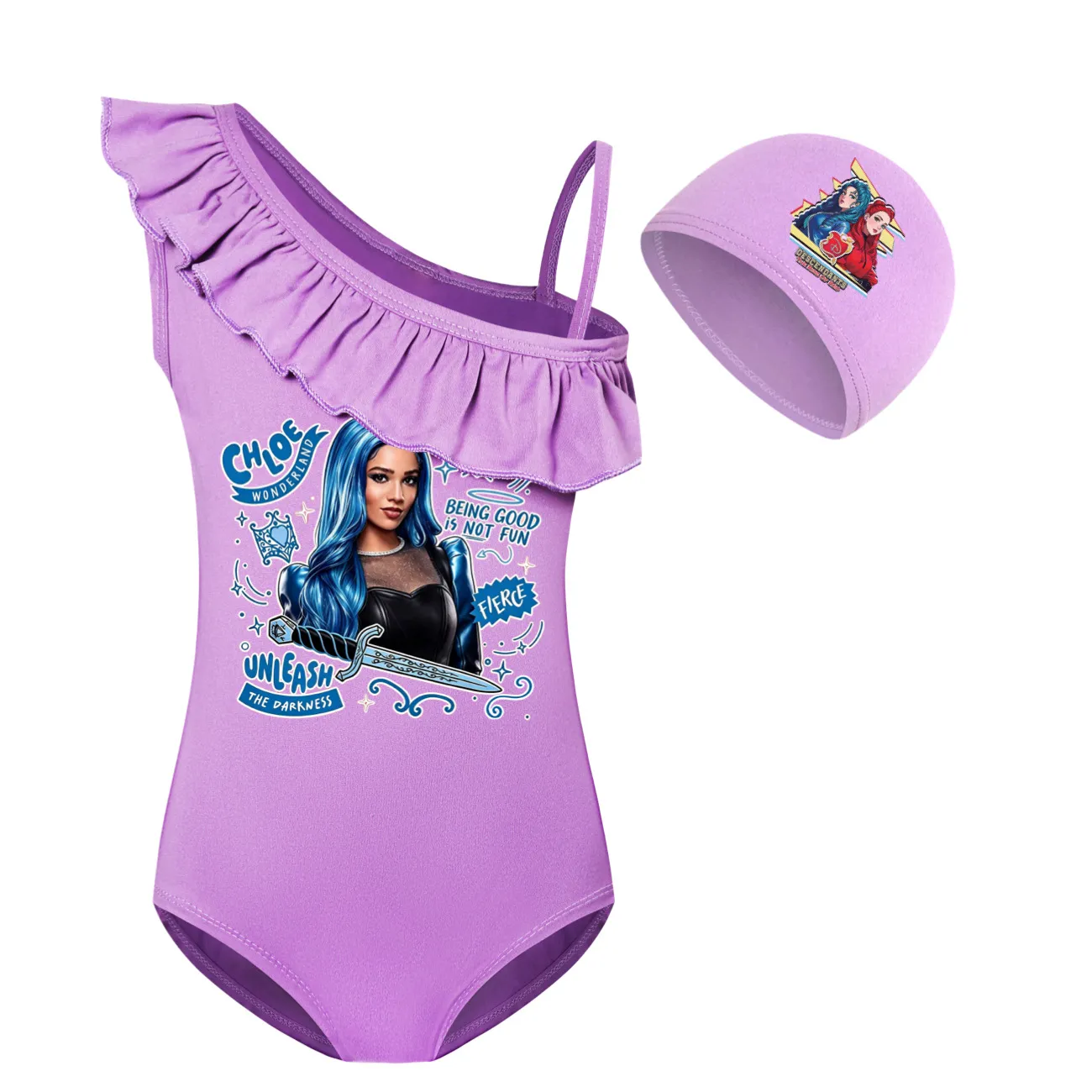 Girls’ One-Piece Swimsuit & Cap Set, Style 07 · Set · Purple