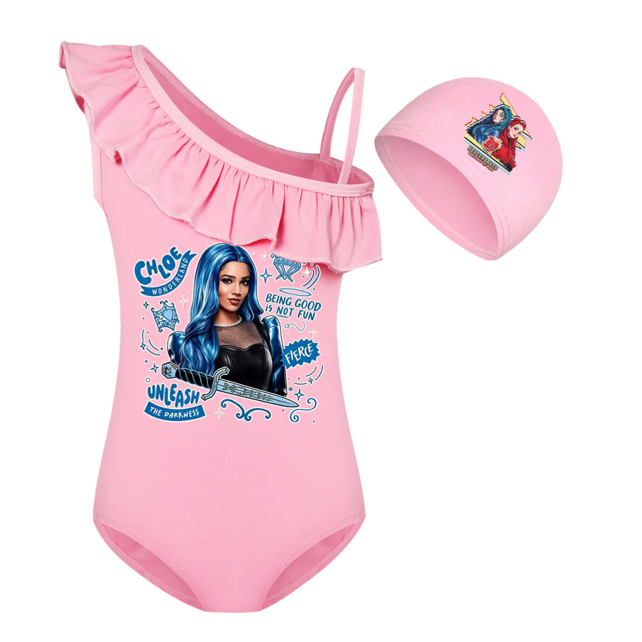Girls’ One-Piece Swimsuit & Cap Set, Style 08 · Set · Pink