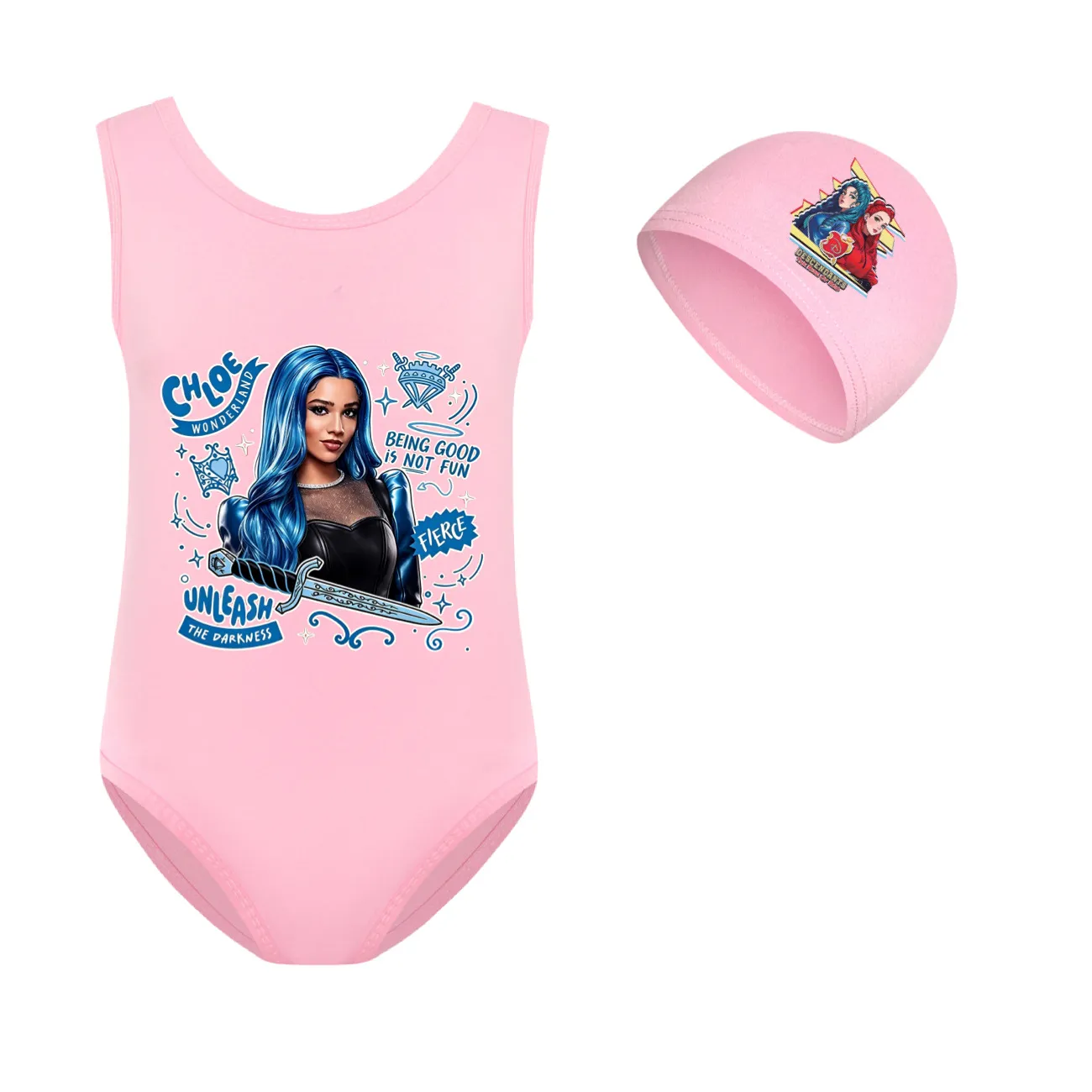 Girls’ One-Piece Swimsuit & Cap Set, Style 09 · Set · Pink