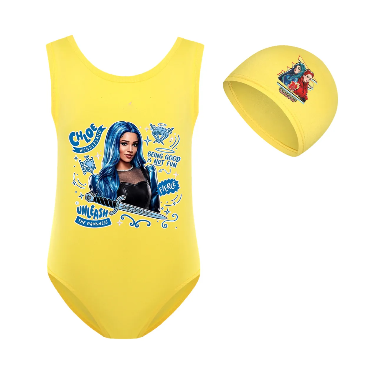 Girls’ One-Piece Swimsuit & Cap Set, Style 10 · Set · Yellow