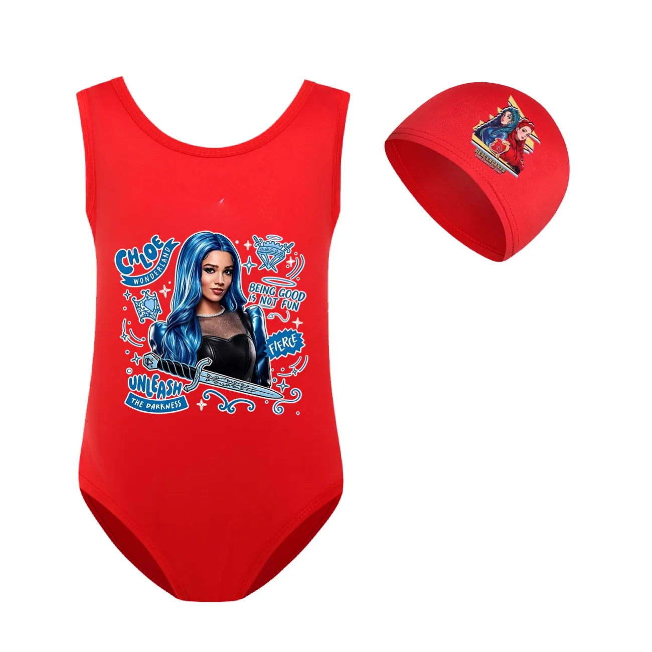 Girls’ One-Piece Swimsuit & Cap Set, Style 11 · Set · Red