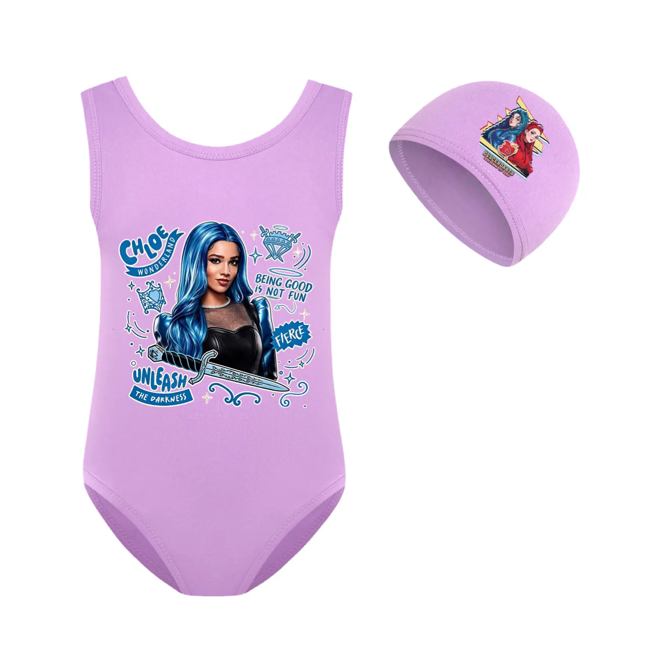 Girls’ One-Piece Swimsuit & Cap Set, Style 12 · Set · Purple