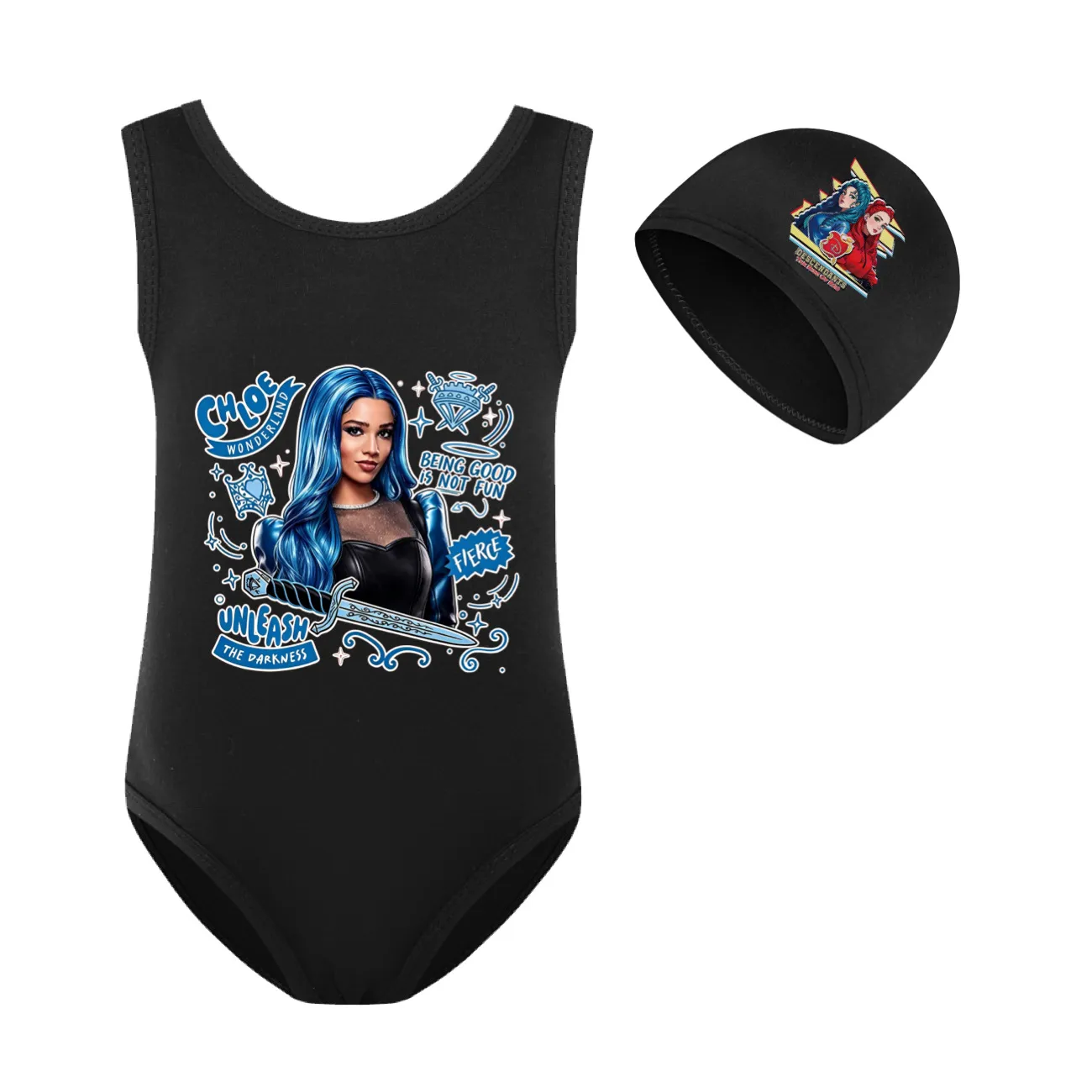 Girls’ One-Piece Swimsuit & Cap Set, Style 13 · Set · Black