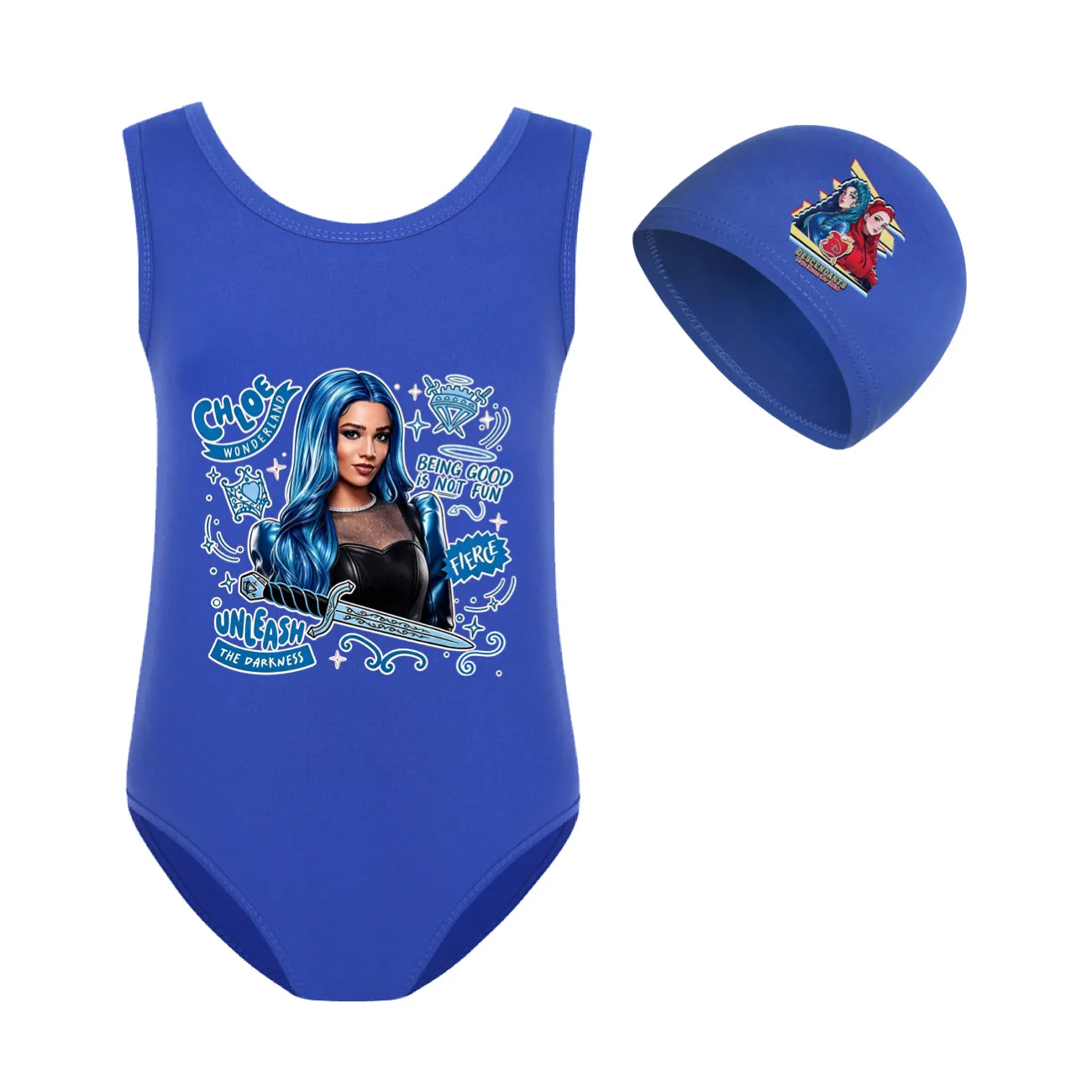 Girls’ One-Piece Swimsuit & Cap Set, Style 14 · Set · Blue