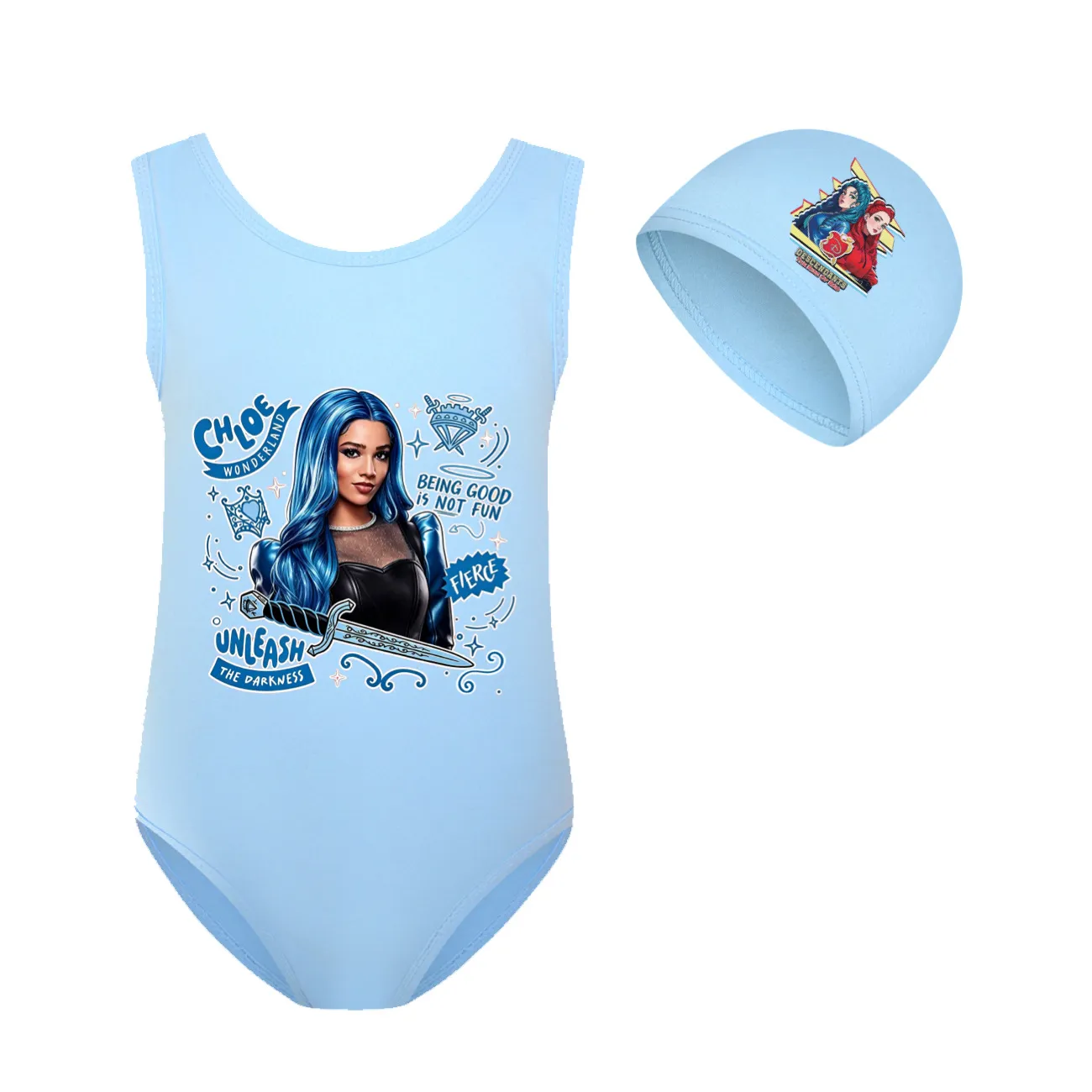 Girls’ One-Piece Swimsuit & Cap Set, Style 15 · Set · Sky Blue