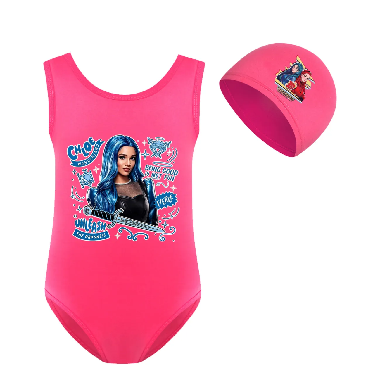 Girls’ One-Piece Swimsuit & Cap Set, Style 16 · Set · Rose