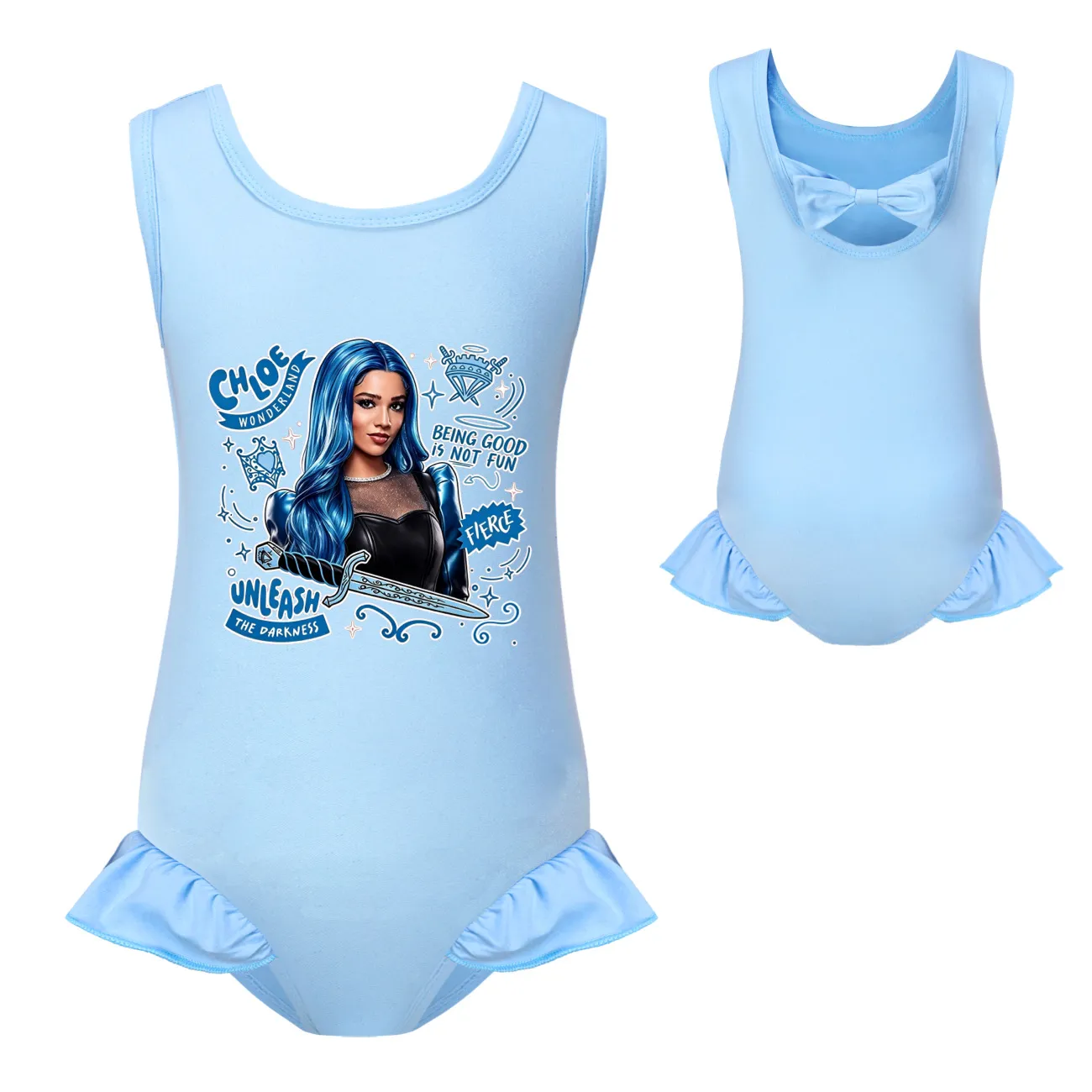 Girls’ One-Piece Swimsuit & Cap Set, Style 17 · Single Piece · Light Blue