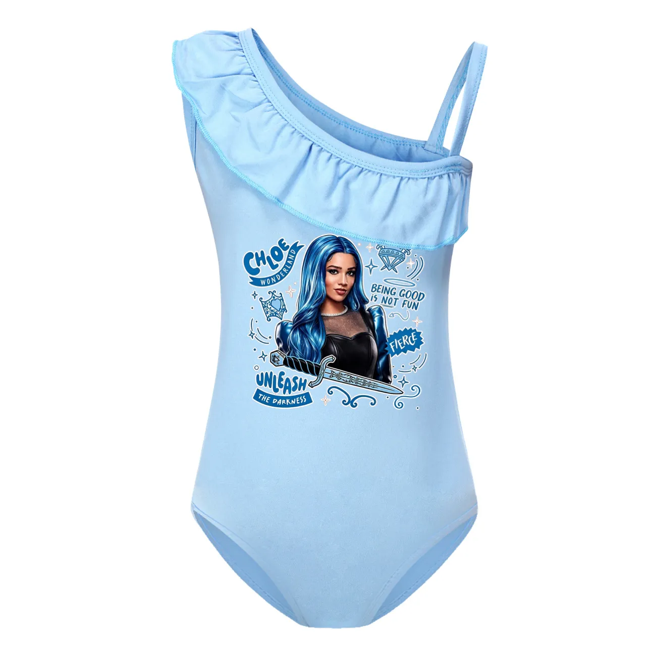Girls’ One-Piece Swimsuit & Cap Set, Style 21 · Single Piece · Light Blue