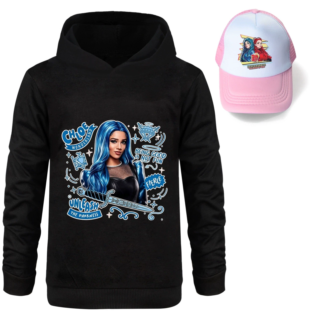 Graphic Hoodie & Sun Hat Set — 5796 Edition, Style 07 · Black