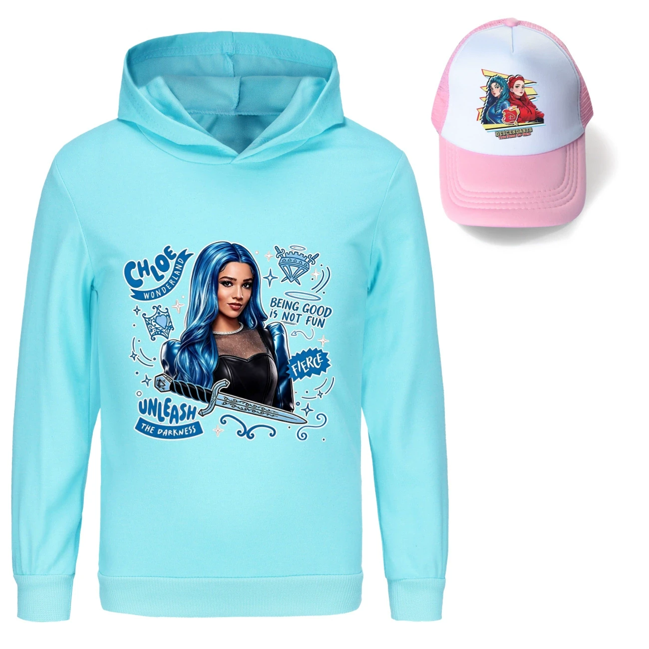 Graphic Hoodie & Sun Hat Set — 5796 Edition, Style 08 · Light Blue