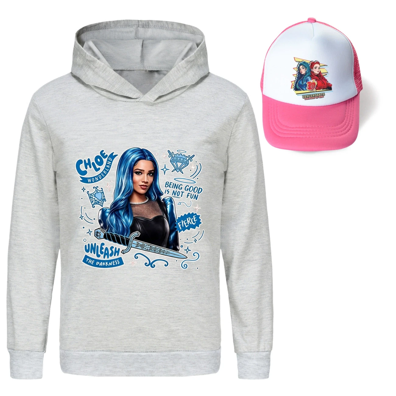 Graphic Hoodie & Sun Hat Set — 5796 Edition, Style 18 · Grey