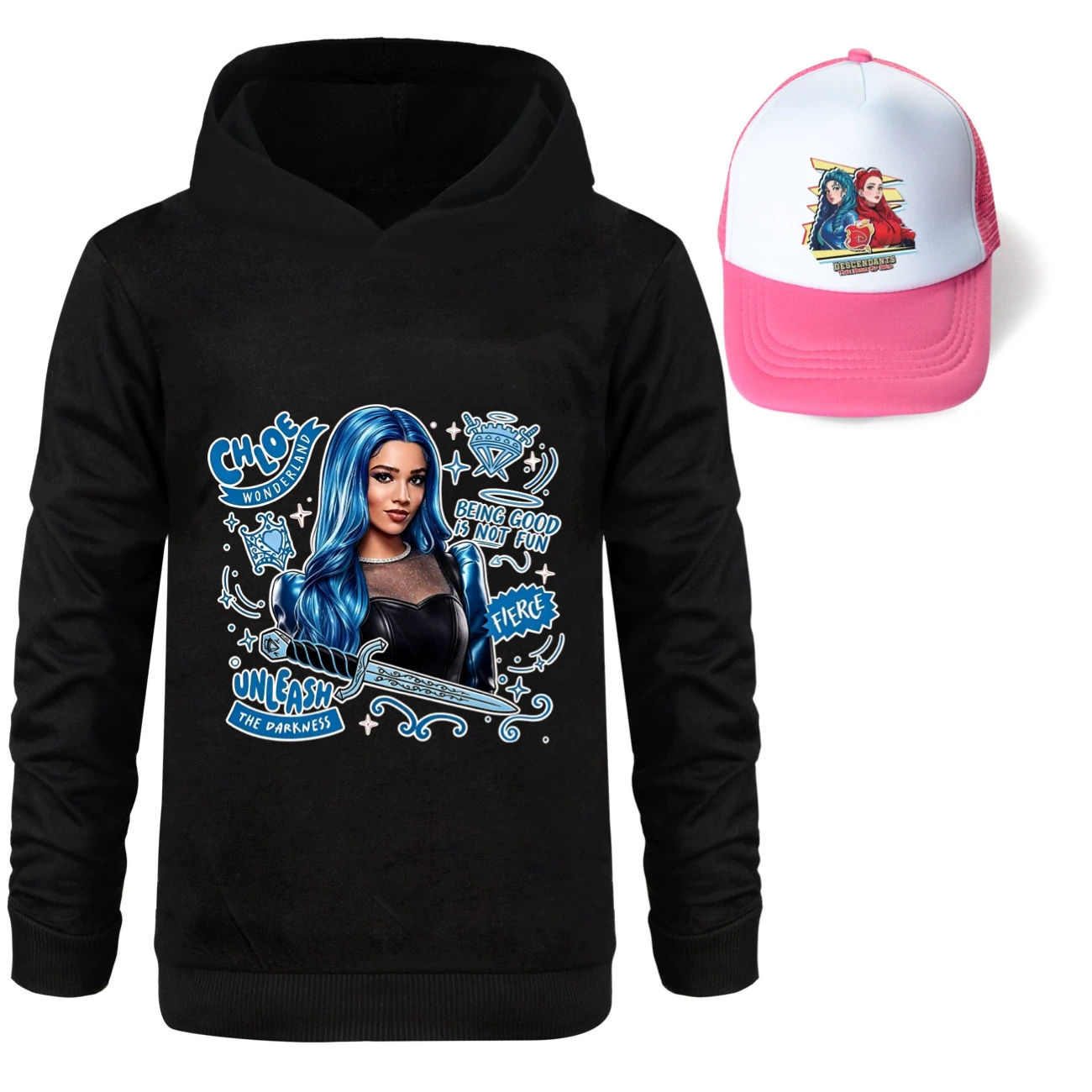 Graphic Hoodie & Sun Hat Set — 5796 Edition, Style 20 · Black