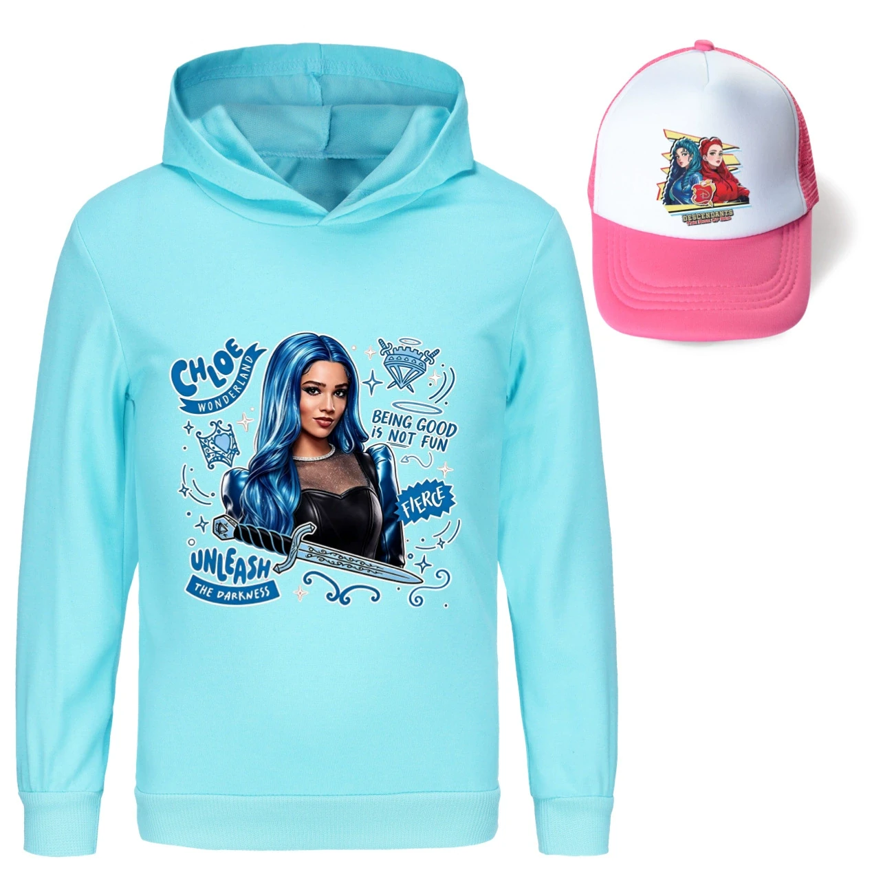 Graphic Hoodie & Sun Hat Set — 5796 Edition, Style 21 · Light Blue