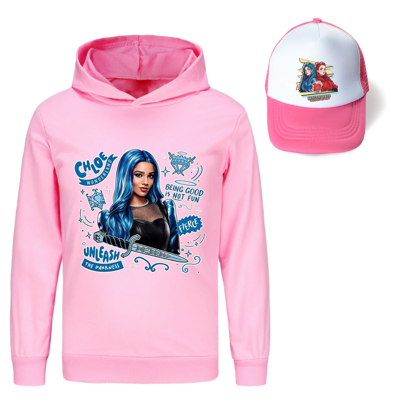 Graphic Hoodie & Sun Hat Set — 5796 Edition, Style 24 · Pink