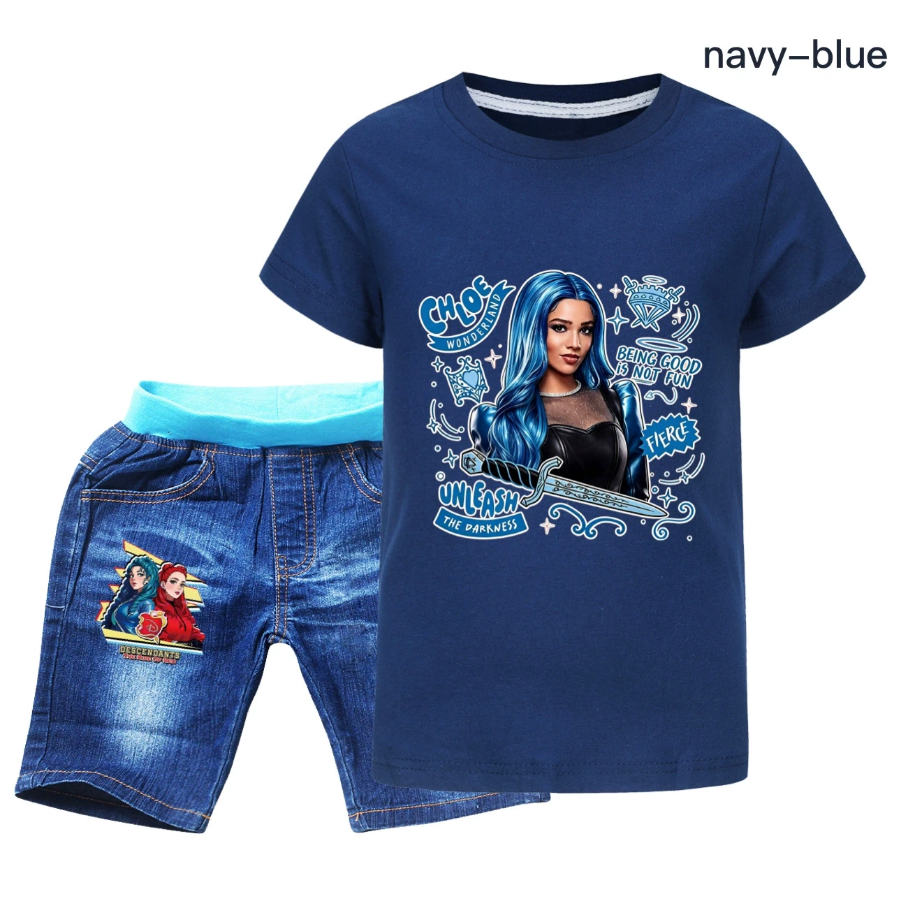Graphic Tee & Denim Shorts Set — 5796 Edition, Style 01 · Denim · Royal Blue