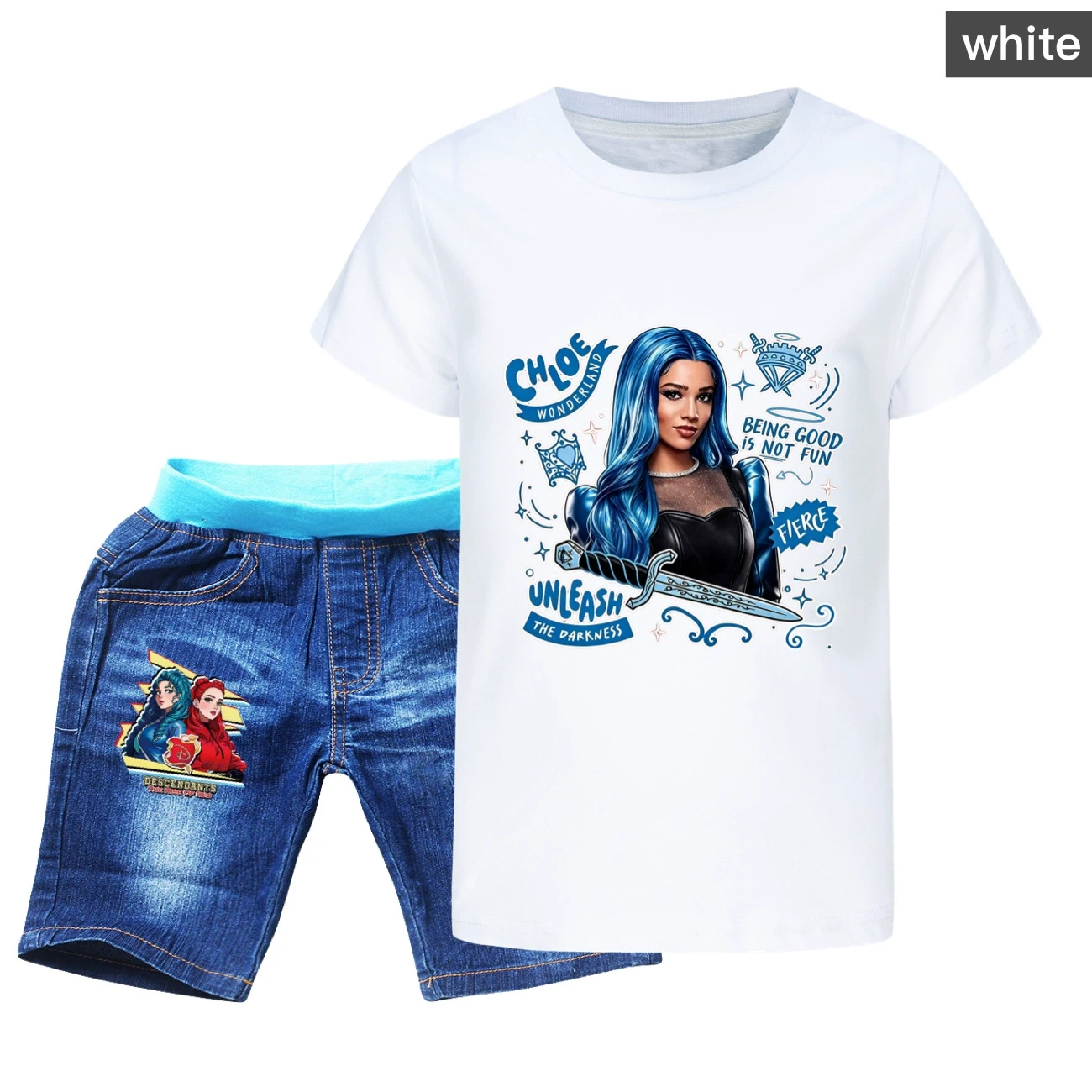 Graphic Tee & Denim Shorts Set — 5796 Edition, Style 02 · Denim · White