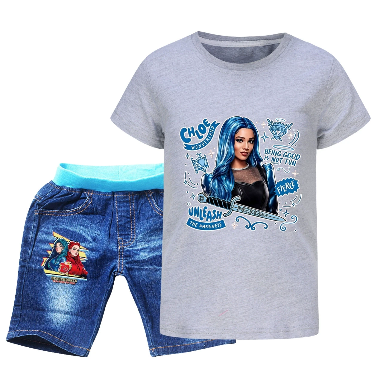 Graphic Tee & Denim Shorts Set — 5796 Edition, Style 03 · Denim · Grey