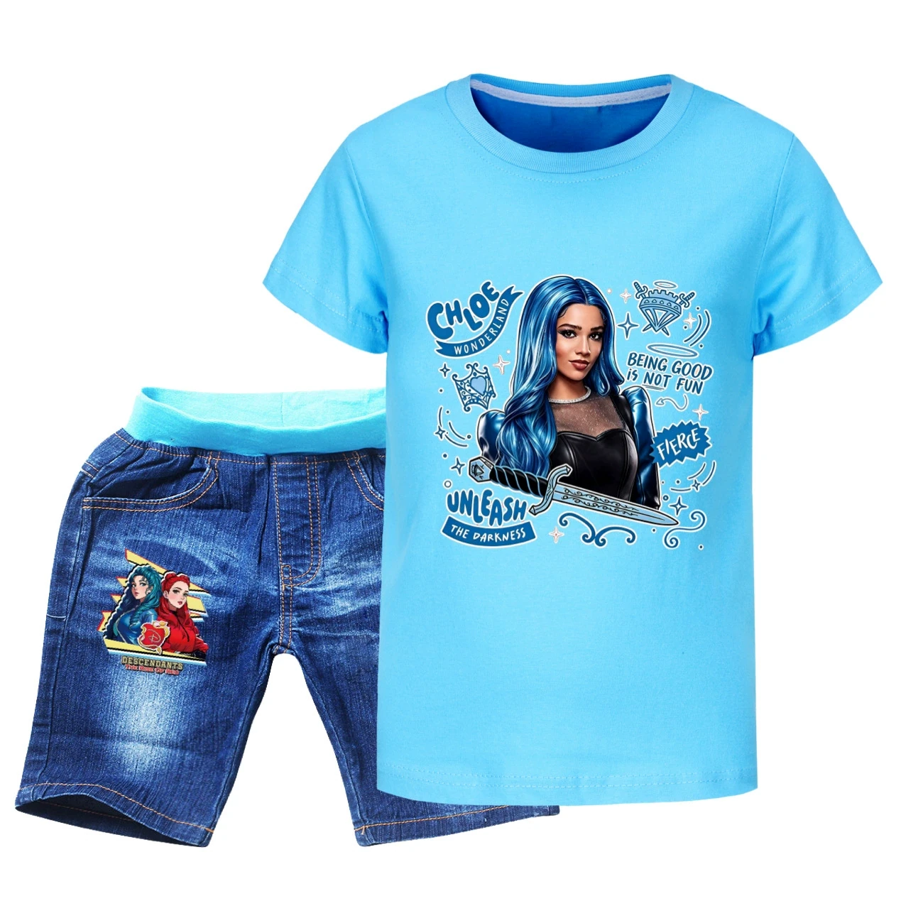 Graphic Tee & Denim Shorts Set — 5796 Edition, Style 04 · Denim · Light Blue