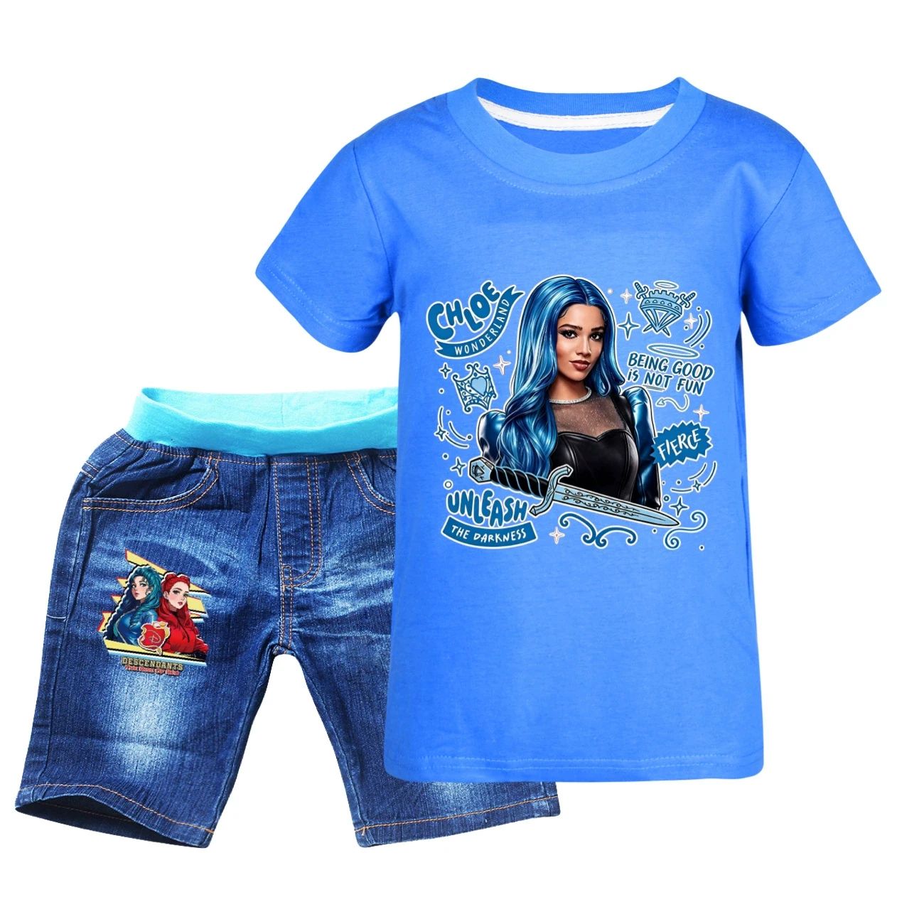 Graphic Tee & Denim Shorts Set — 5796 Edition, Style 05 · Denim · Blue