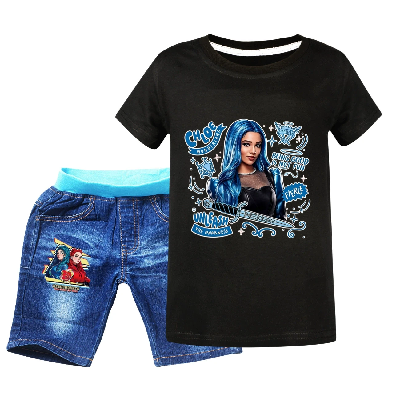 Graphic Tee & Denim Shorts Set — 5796 Edition, Style 06 · Denim · Black